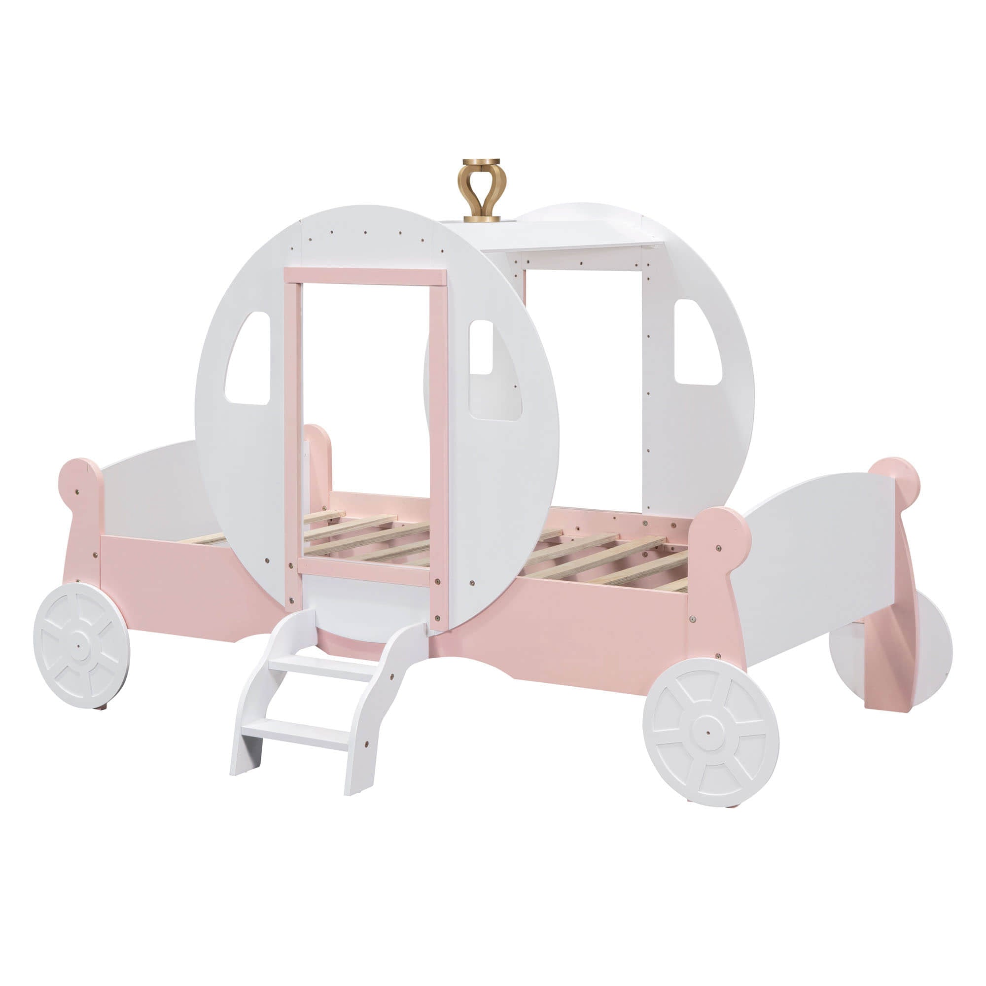 Twin Wood Girls Princess Bed with Stairs - [Carriage Bed with Crown]