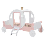 Twin Wood Girls Princess Bed with Stairs - [Carriage Bed with Crown]