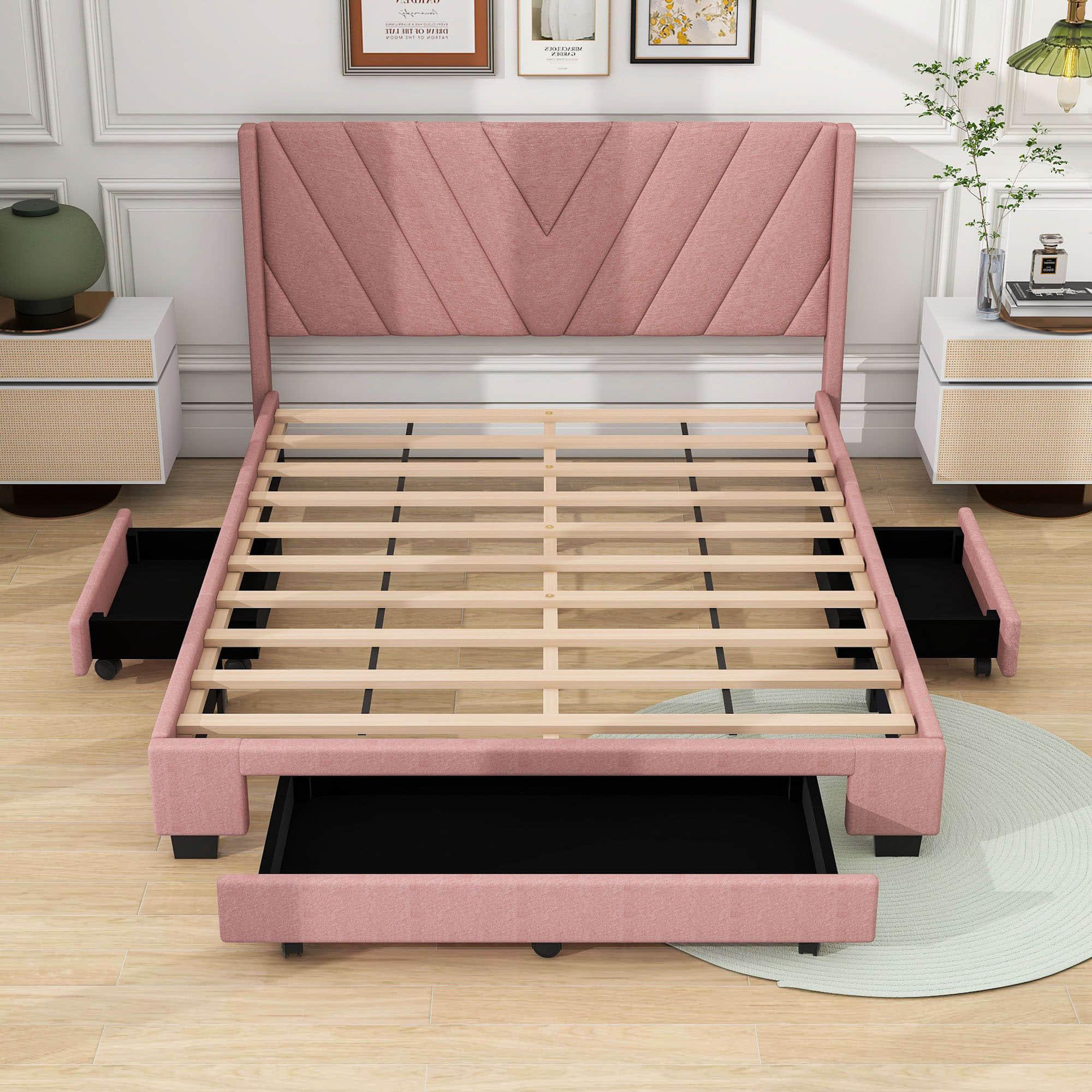 Queen Size Upholstered Platform Bed with Storage and Headboard - [Drawers, Linen]