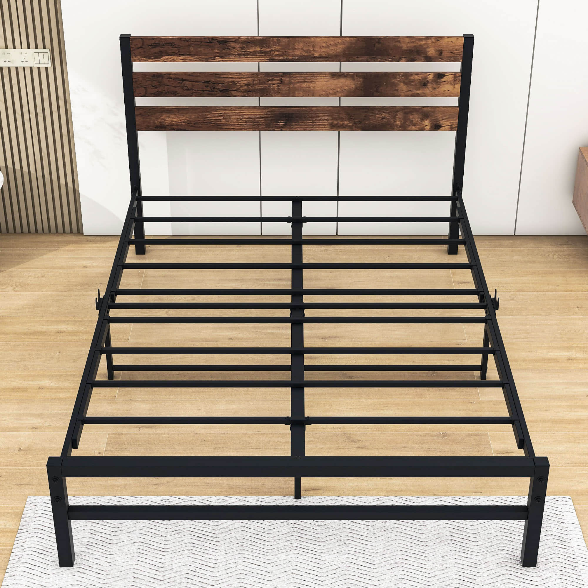 Rustic Full Size Metal Bed Frame with Vintage Wood Headboard