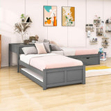 Twin Size L-Shaped Low Platform Corner Bed with Storage and Trundle - [Drawers, Desk]