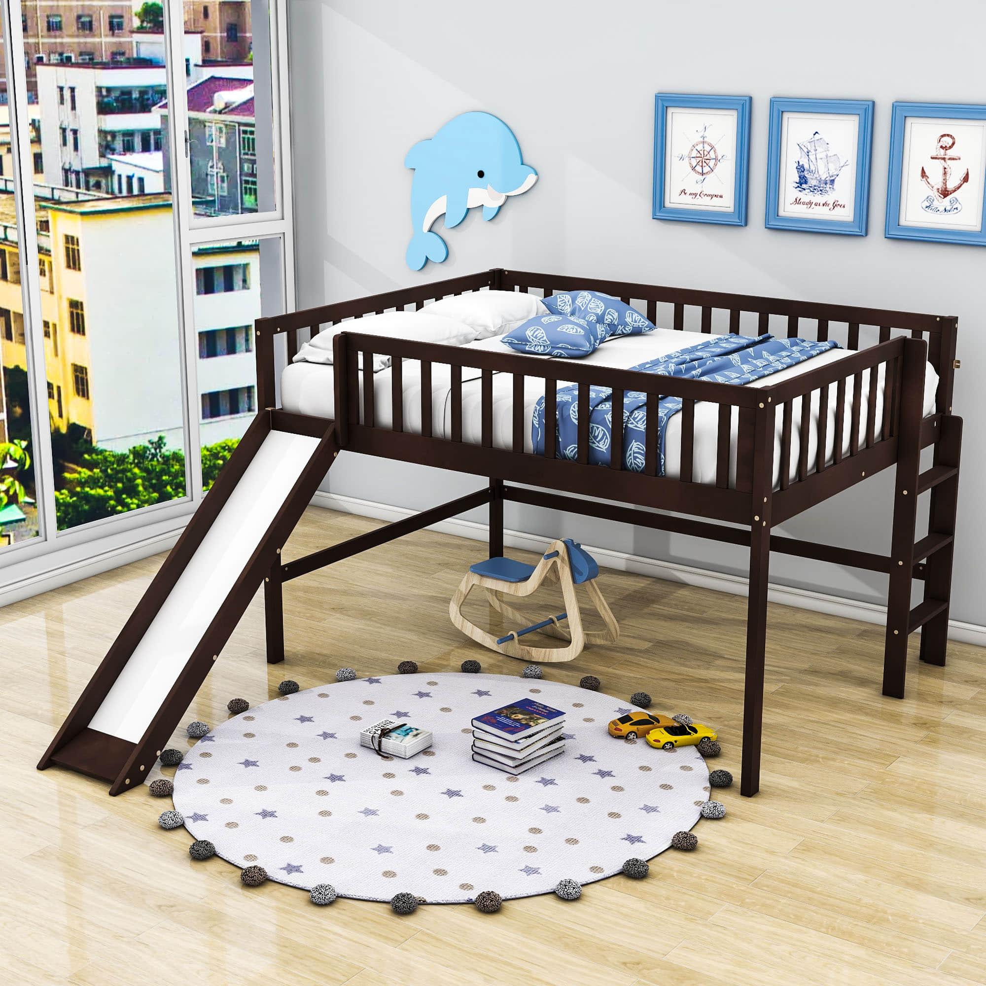 Full Size Low Loft Bed with Slide for Kids Toddler - [Wooden, Fun]