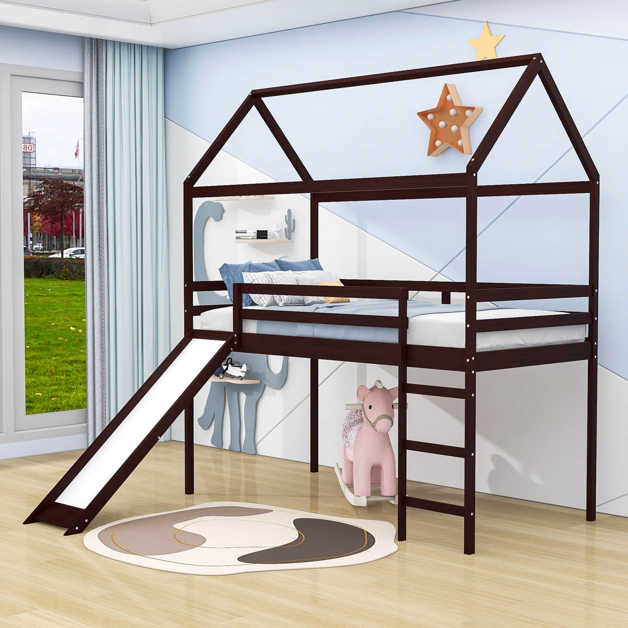 Wood Twin Medium House Loft Bed with Slide and Ladder