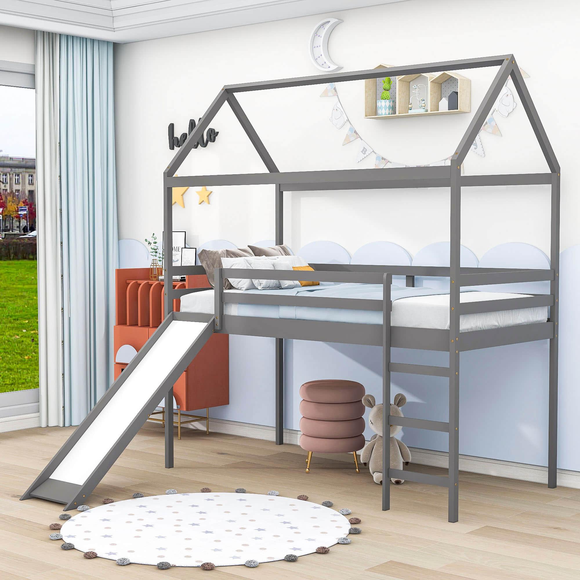 Wood Twin Medium House Loft Bed with Slide and Ladder