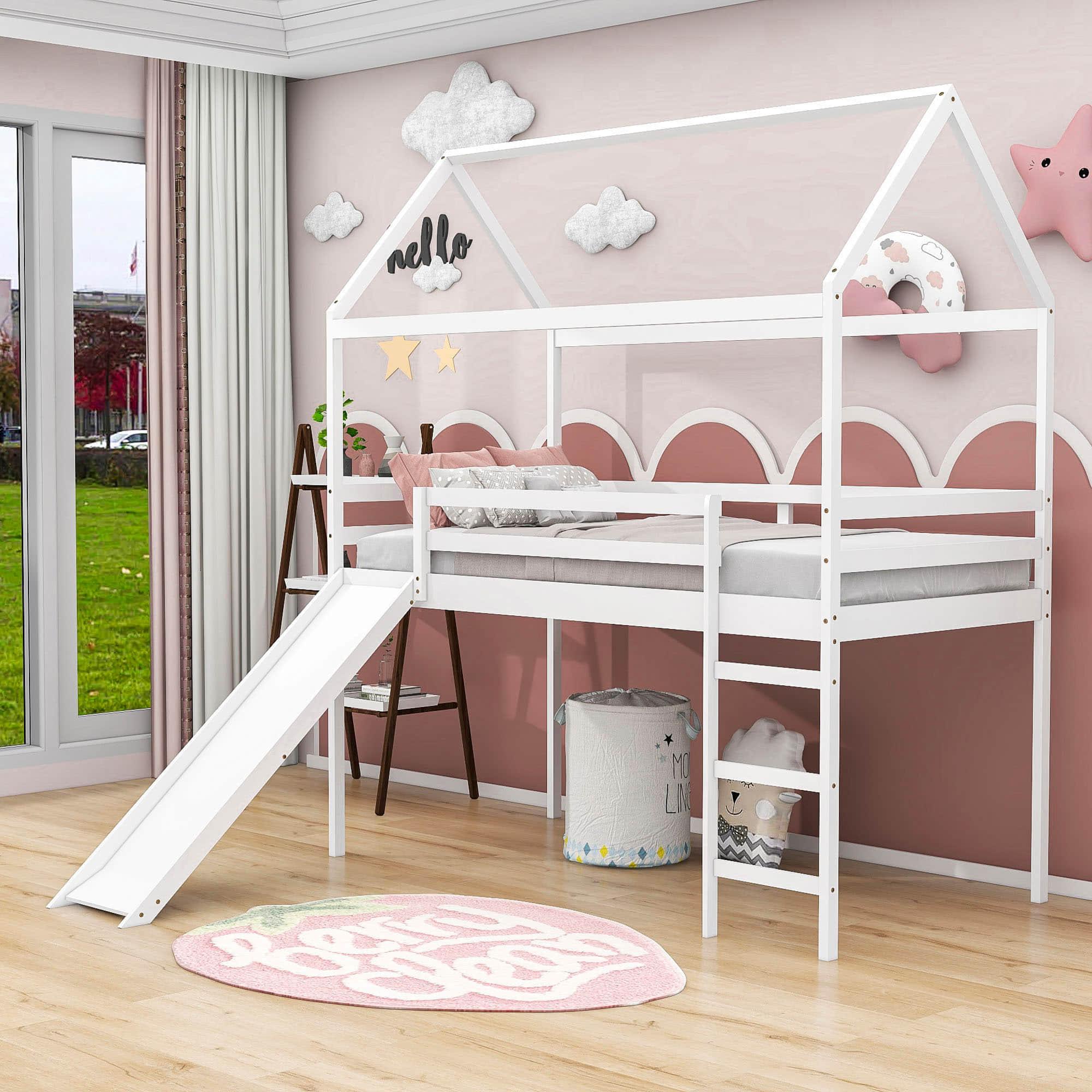 Wood Twin Medium House Loft Bed with Slide and Ladder