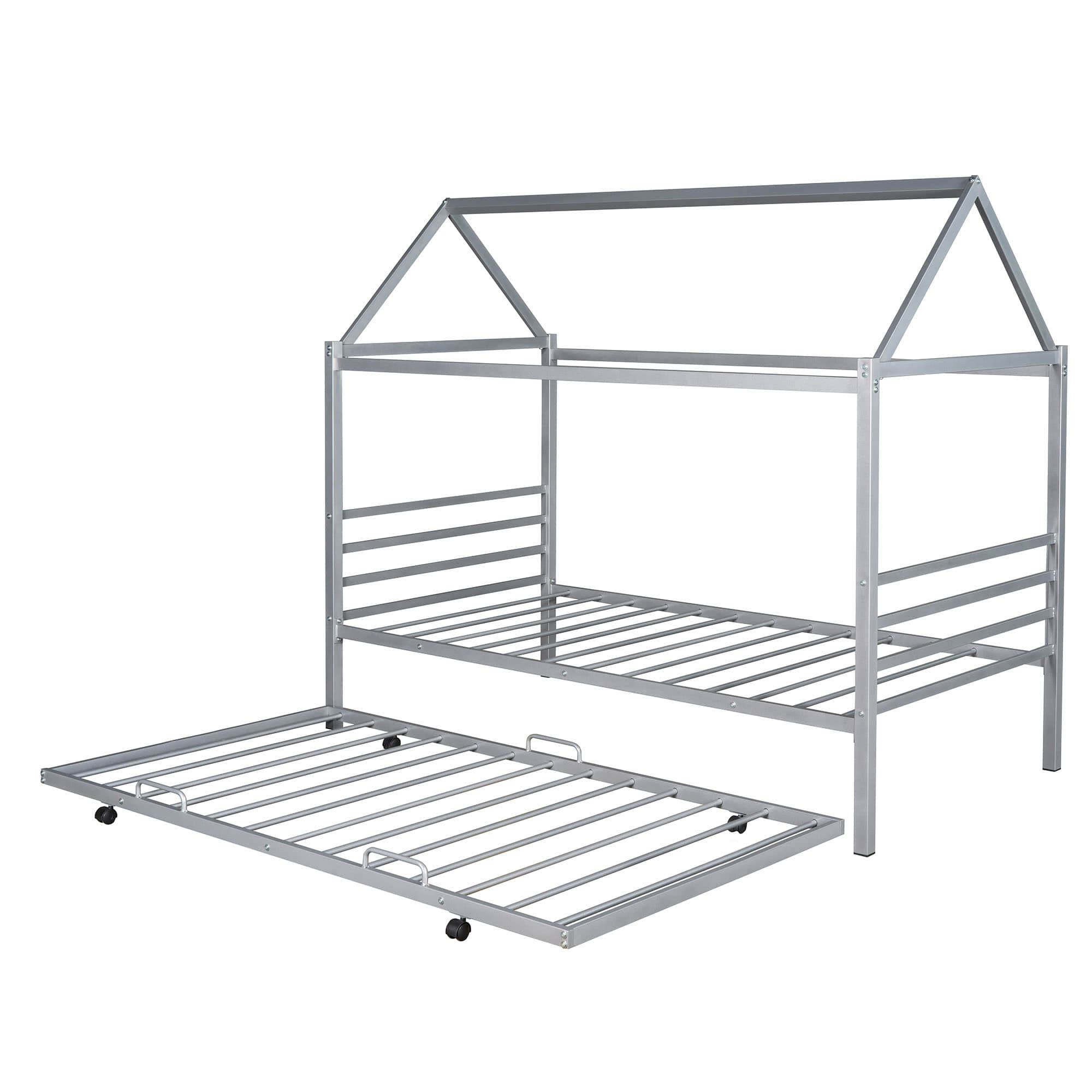 Metal Twin House Bed Frame with Twin Trundle Bed and Headboard