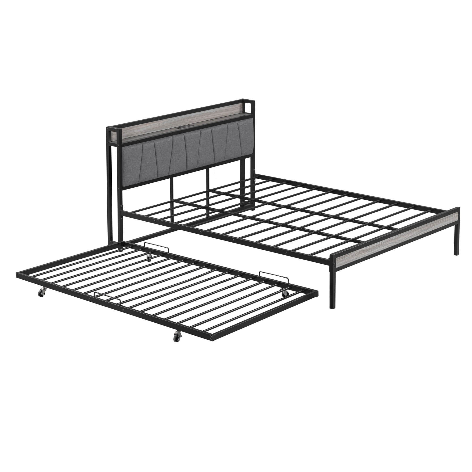 Smart Modern Queen Size Metal Platform Bed Frame with Twin Trundle