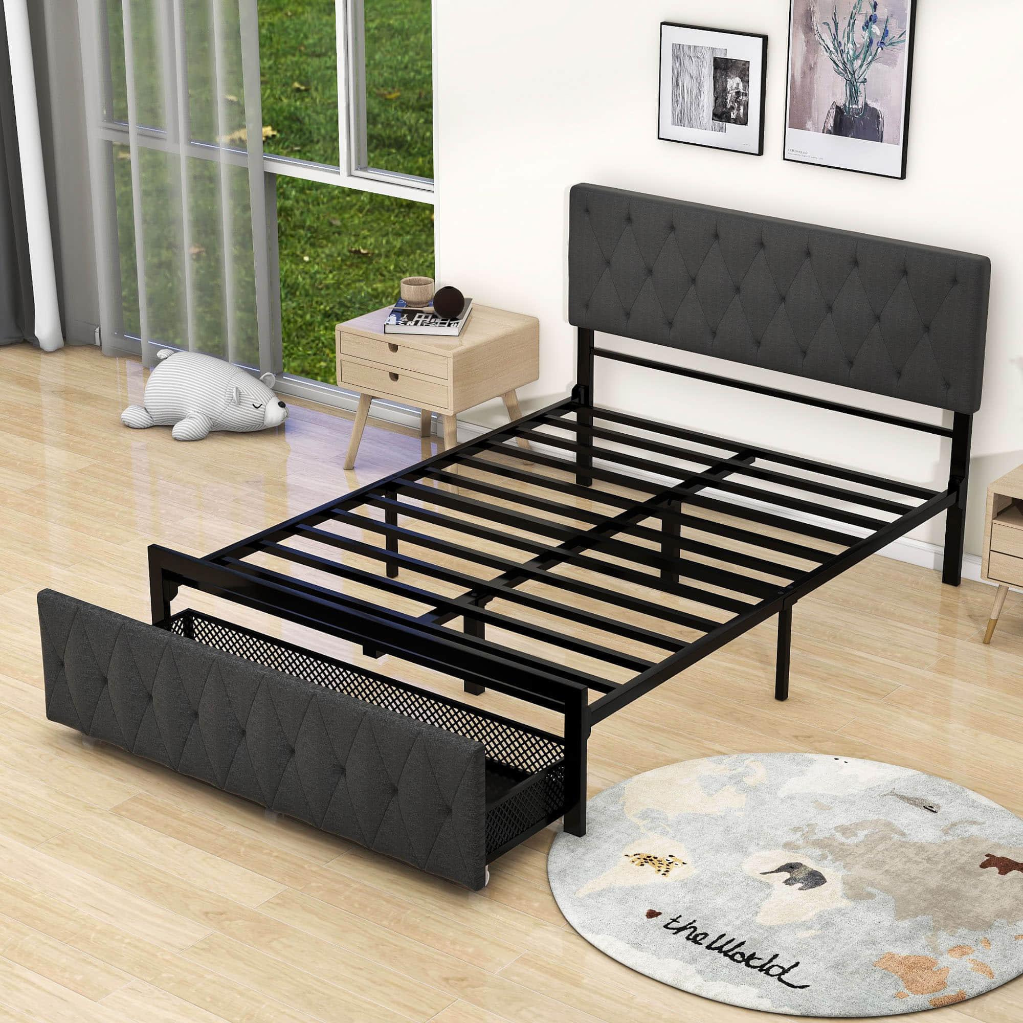 Metal Full Size Upholstered Storage Bed with Headboard and Drawers