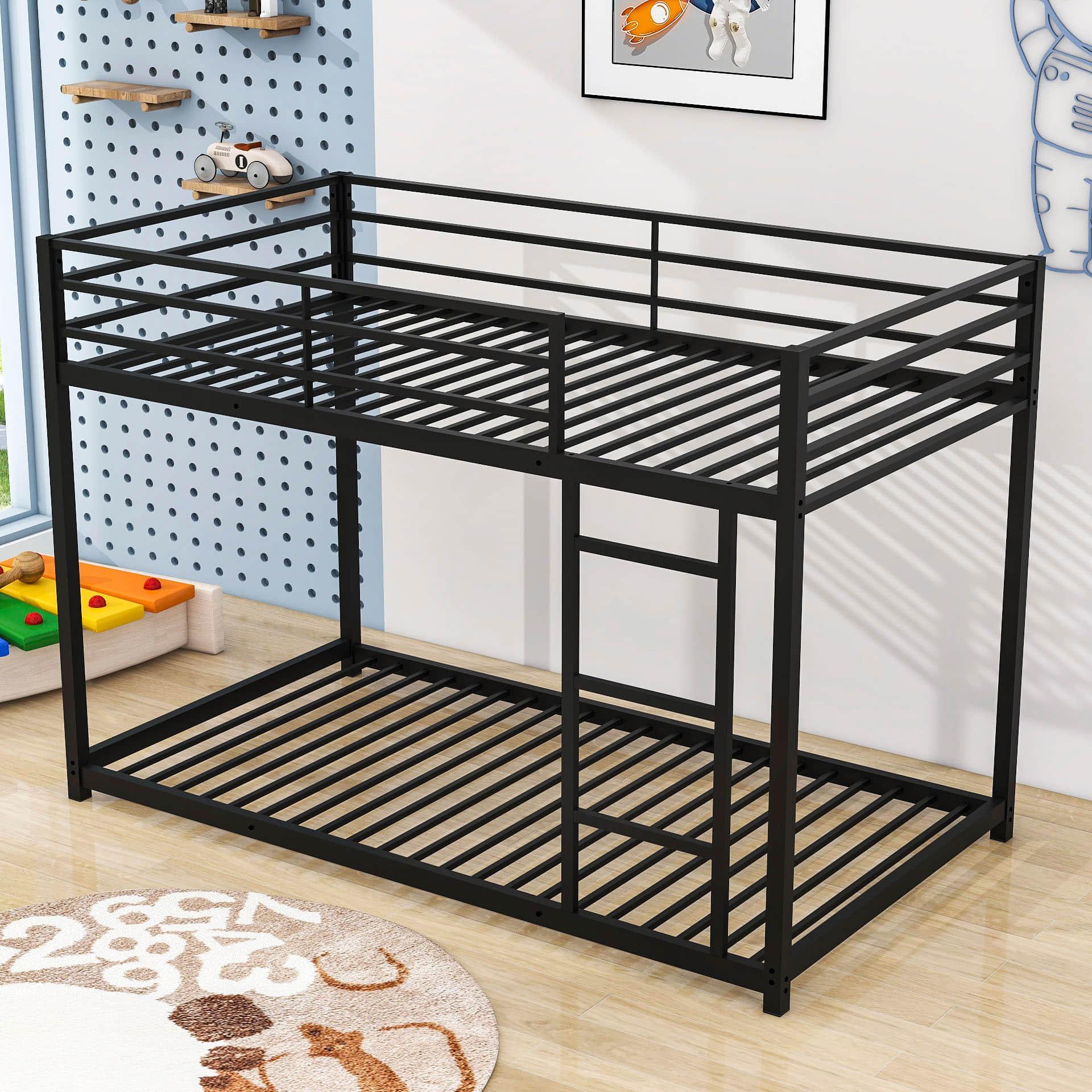 Montessori Twin Over Twin Scandinavian Floor Metal Bunk Bed with Ladder for Kids