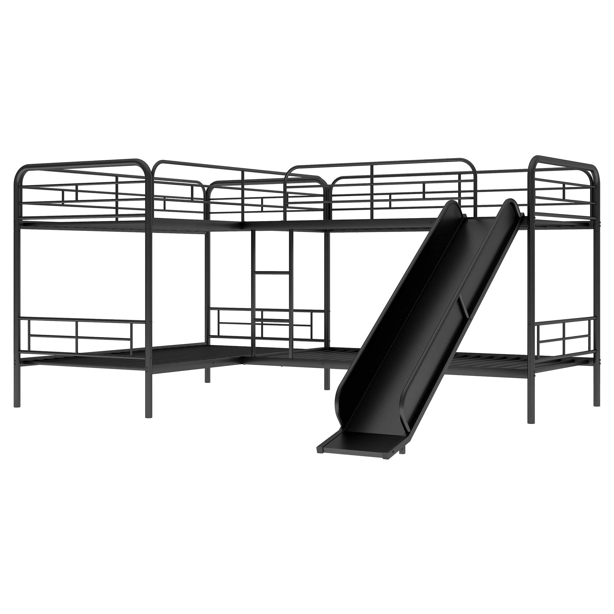 Twin Corner Quad Bunk Beds with Slide for Kids - [Metal, L-Shaped]