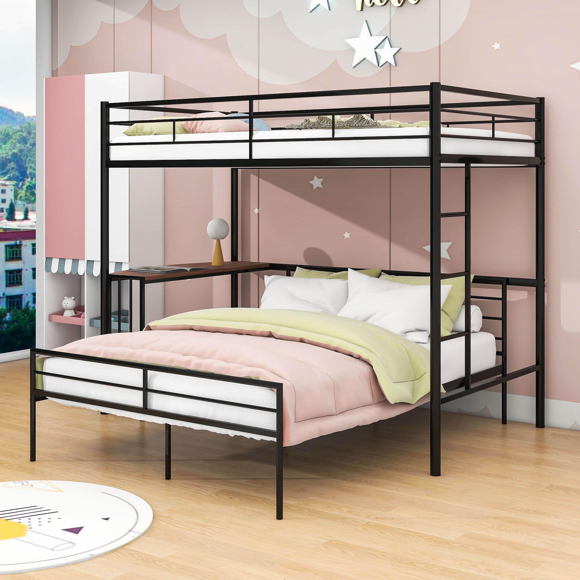 L-Shaped Twin Over Full Bunk Bed with Desk - [Metal, Detachable]