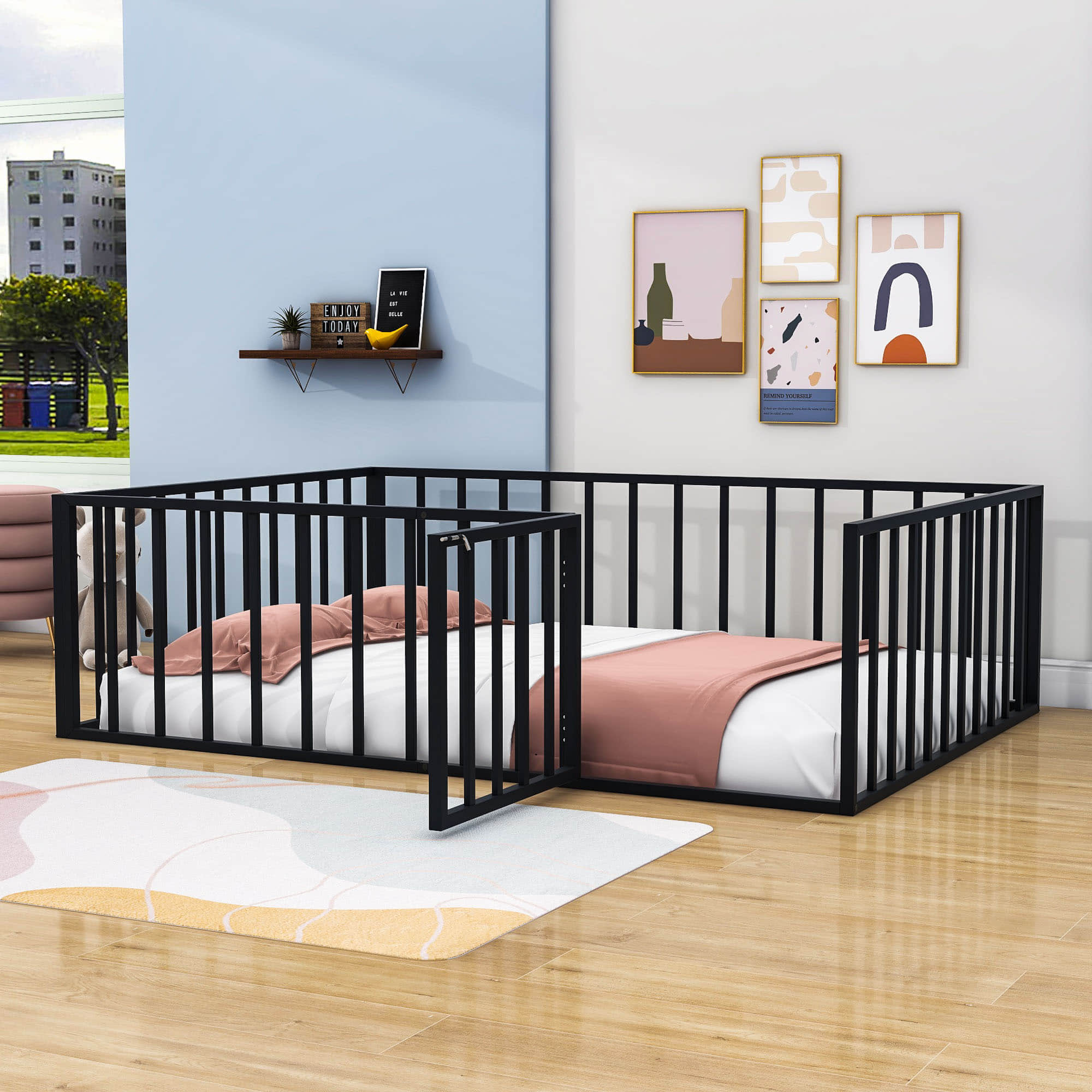 Montessori Full Size Metal Toddler Floor Bed with Rails for Kids