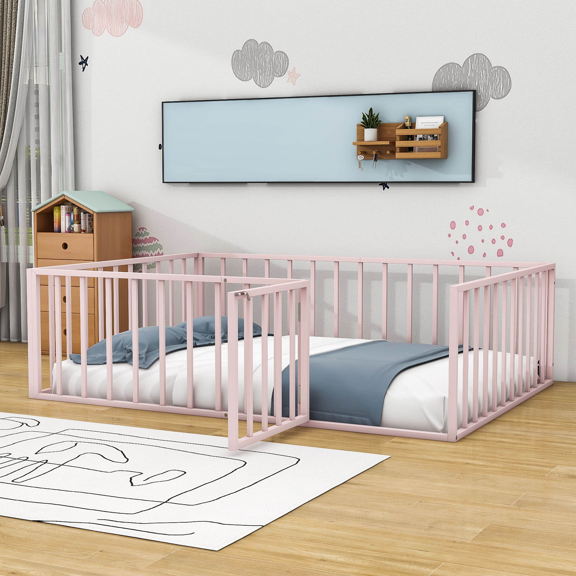 Montessori Full Size Metal Toddler Floor Bed with Rails for Kids