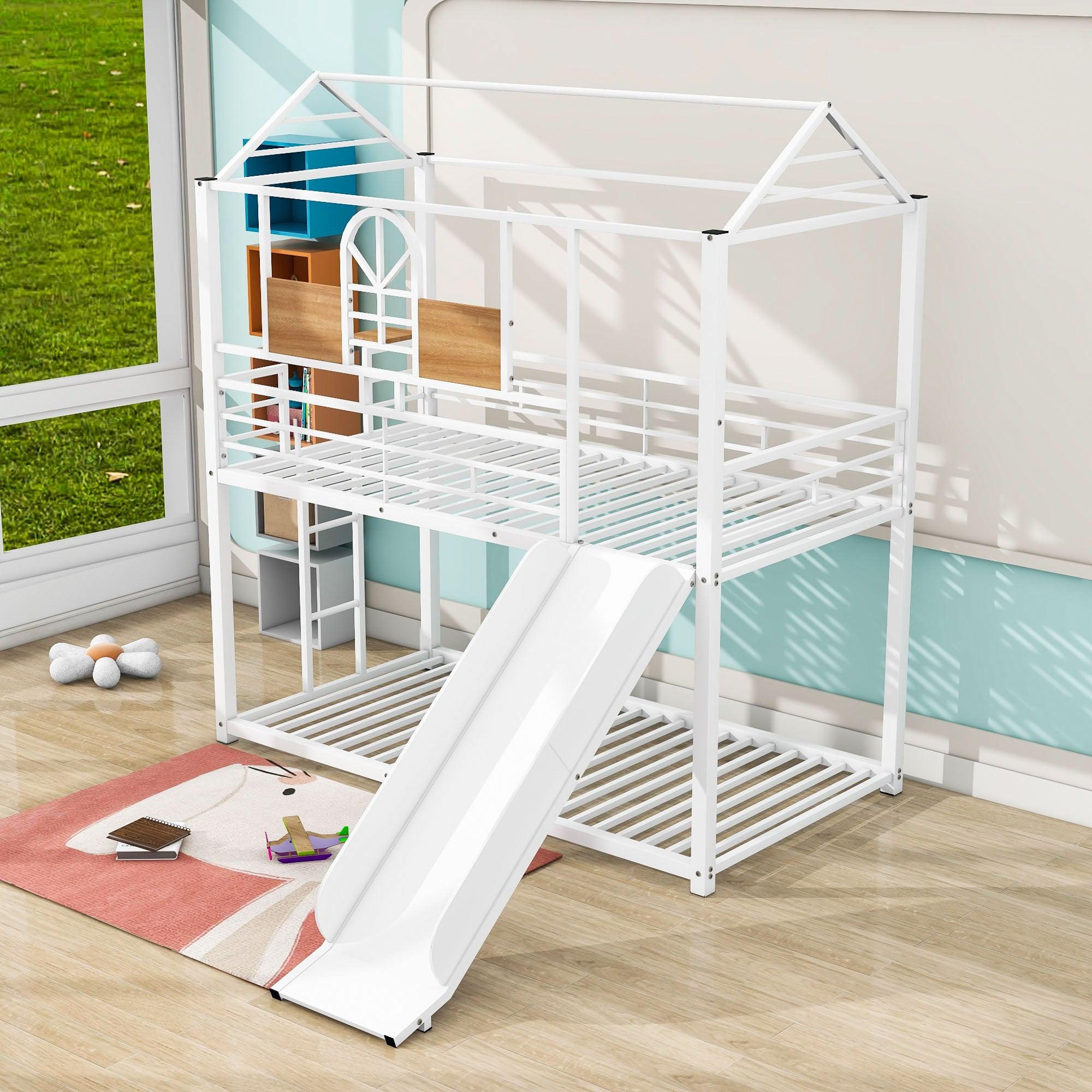 Low House Twin Over Twin Bunk Beds with Slide for Kids Toddler - [Metal]