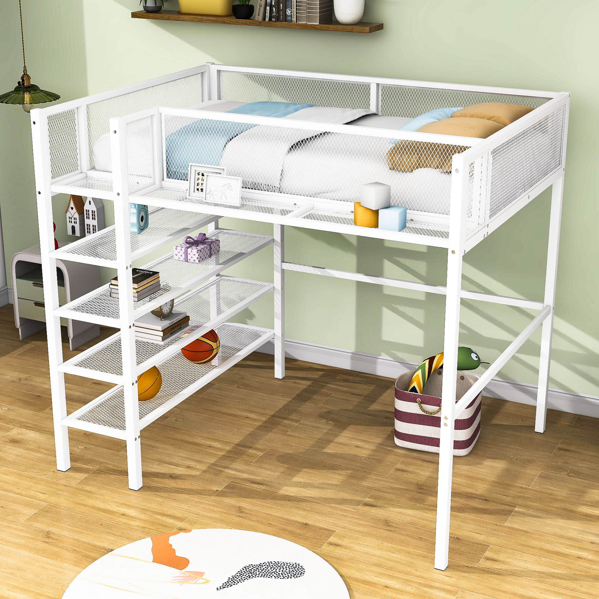 Sturdy Twin Metal Loft Bed Frame with Storage Shelves for Adults, Kids