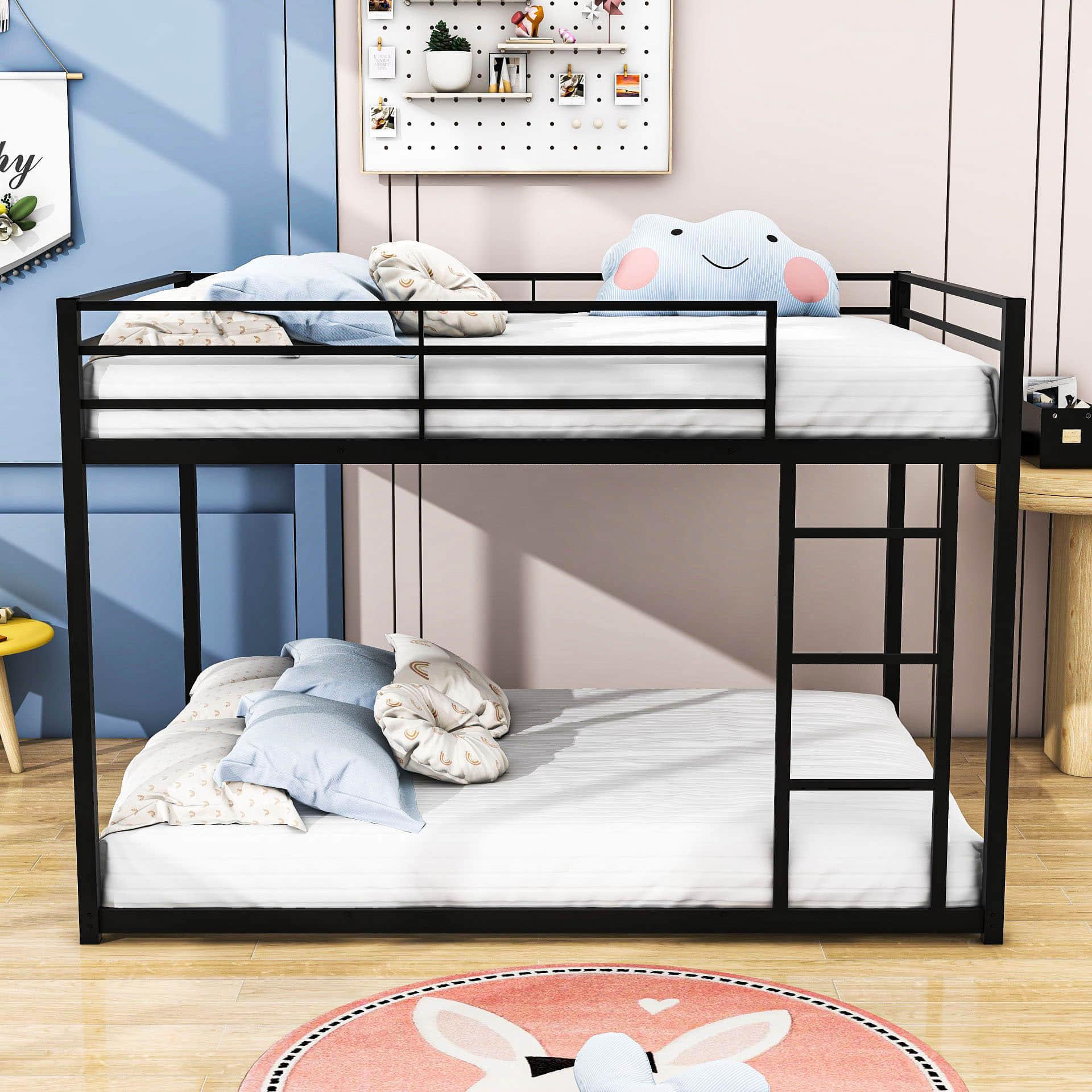 Montessori Full Over Full Scandinavian Floor Metal Bunk Bed with Ladder for Kids