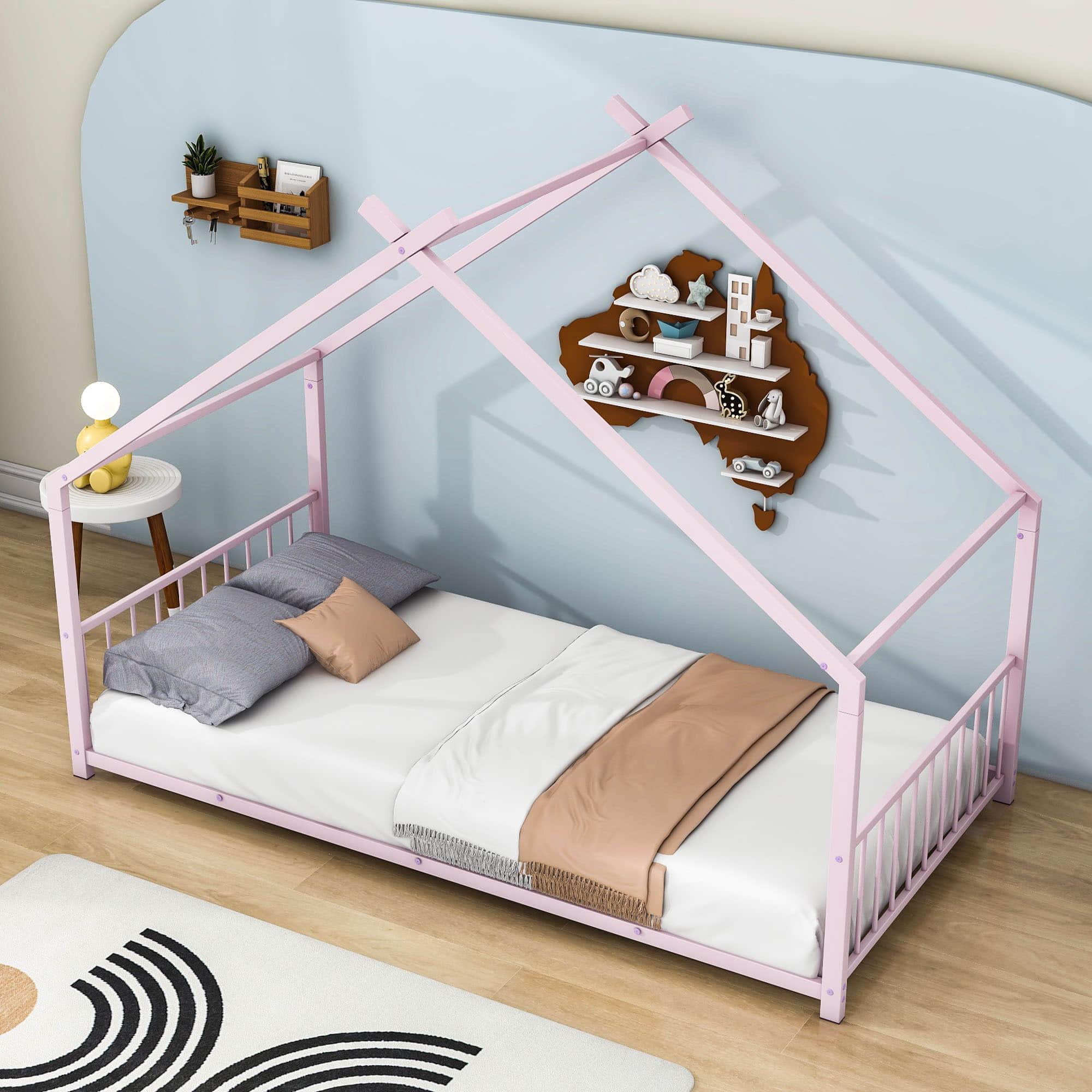 Twin Size Metal House Floor Bed for Toddler, Kids