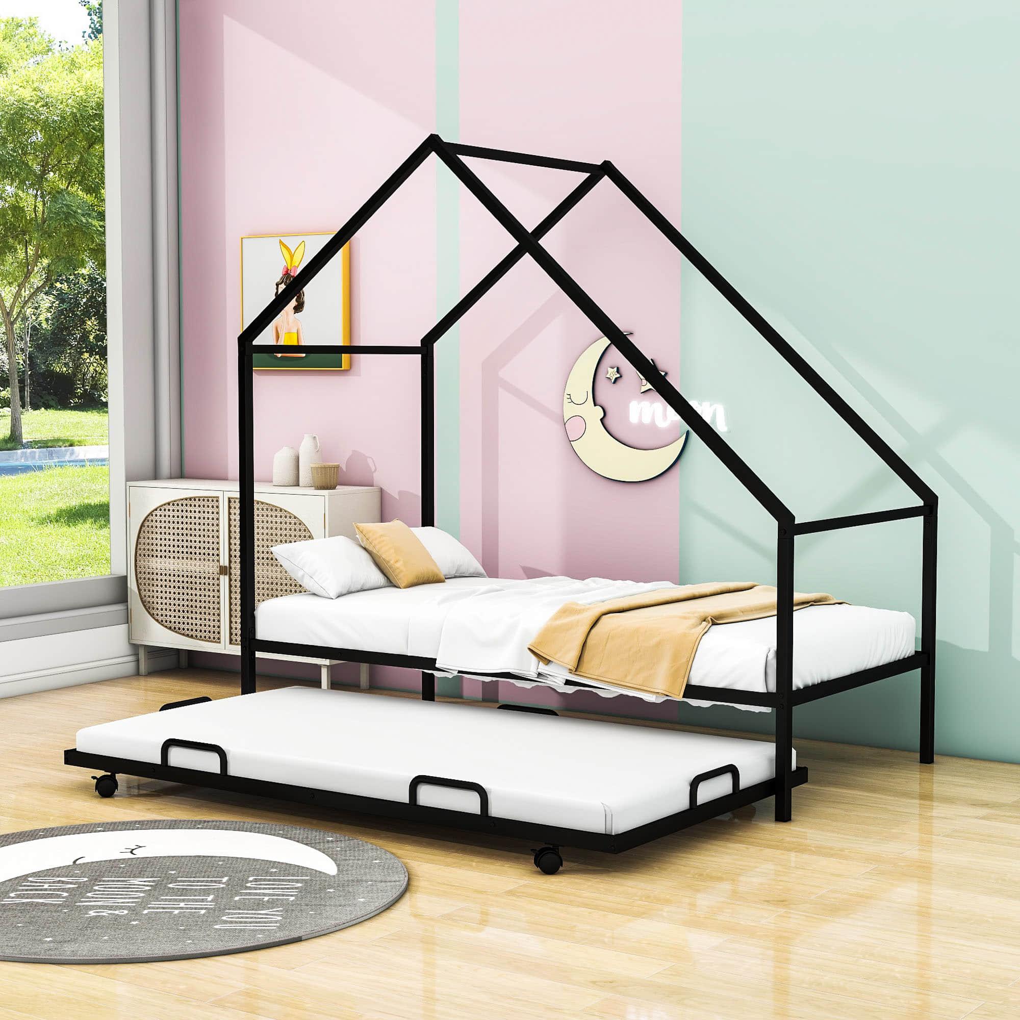 Twin Size Metal Tent House Bed Frame with Twin Trundle Bed