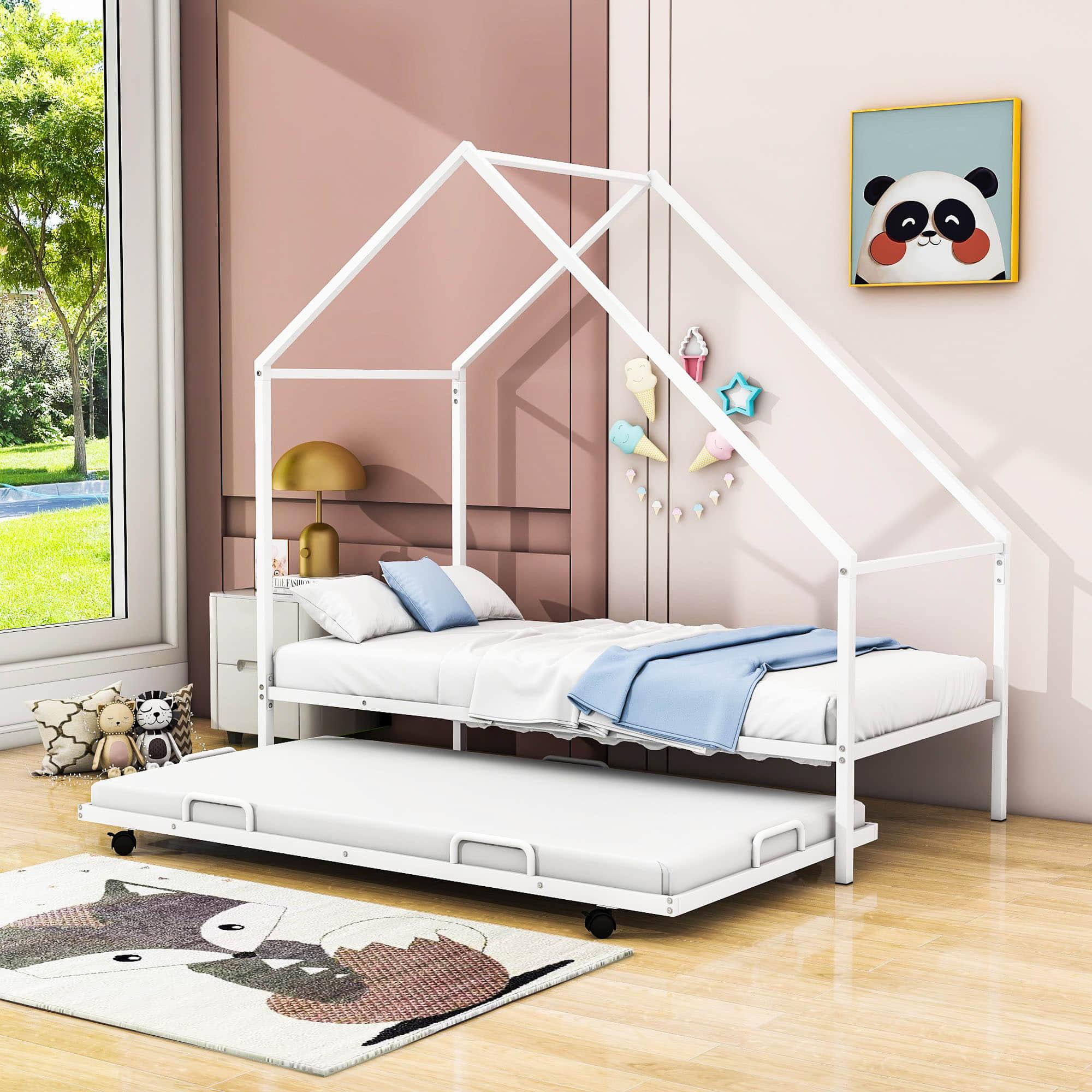 Twin Size Metal Tent House Bed Frame with Twin Trundle Bed