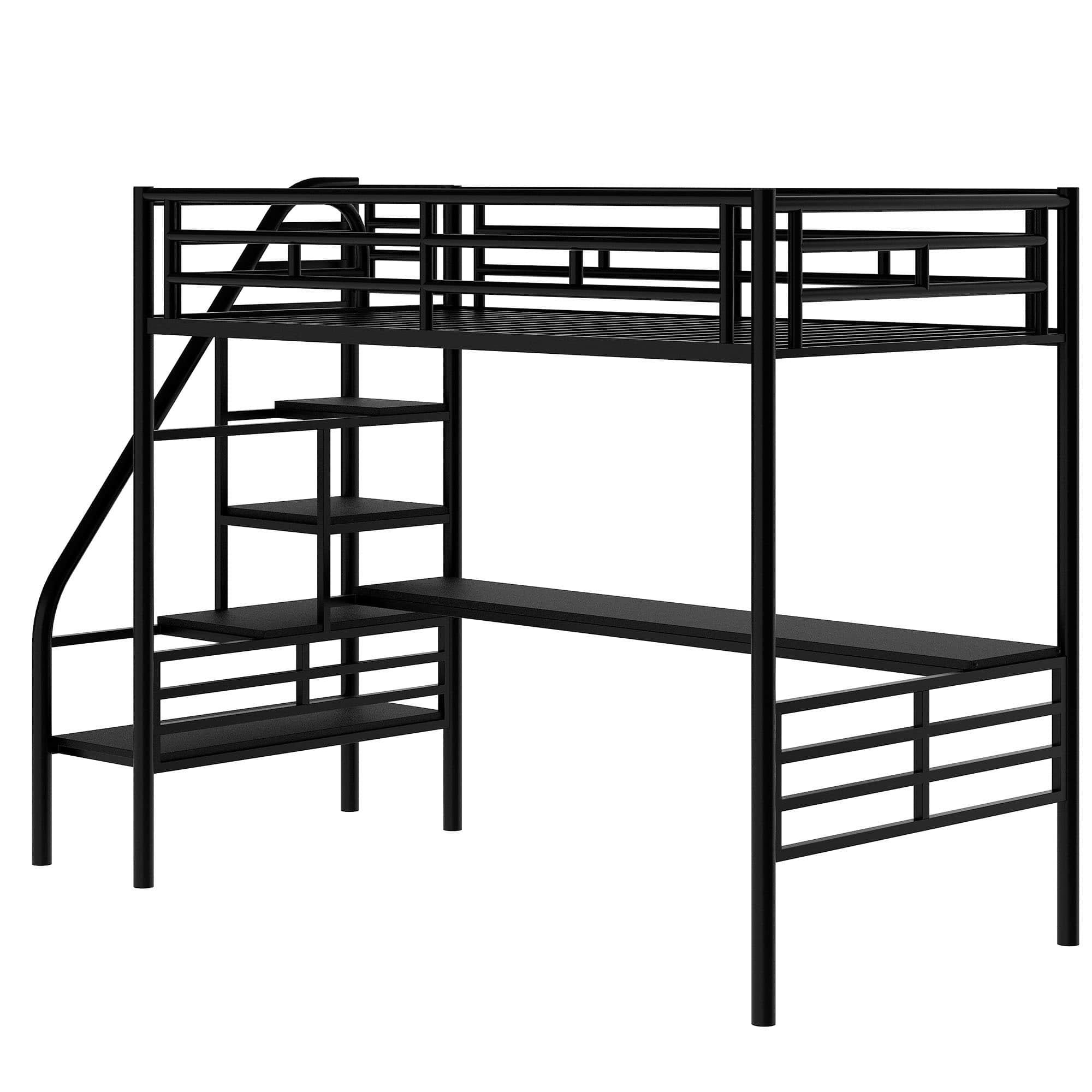 Metal High Twin Size Loft Bed Frame with Desk and Stairs for Adults, Kids