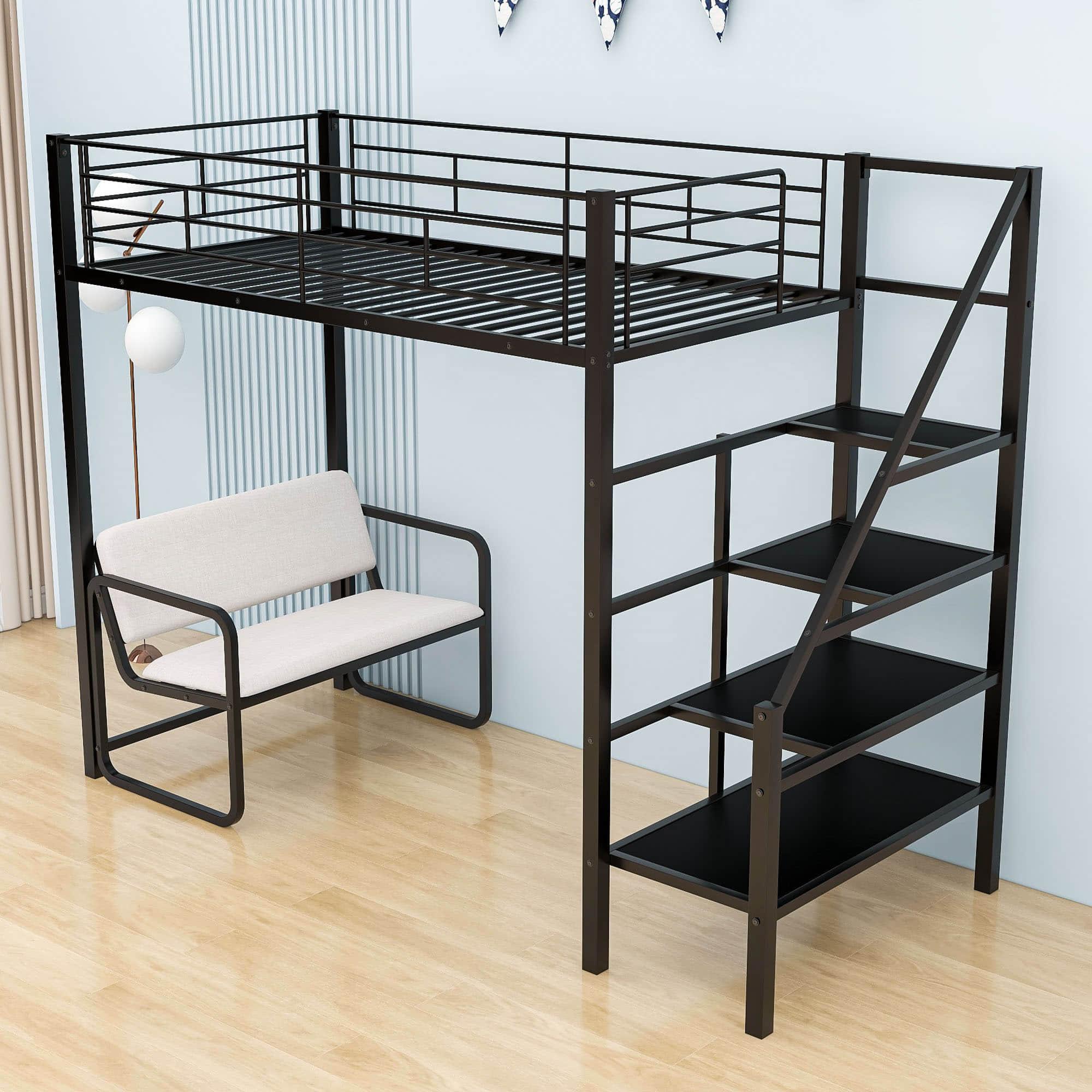 Metal Twin Loft Bed with Stairs and Couch, Storage Shelves for Kids, Adult