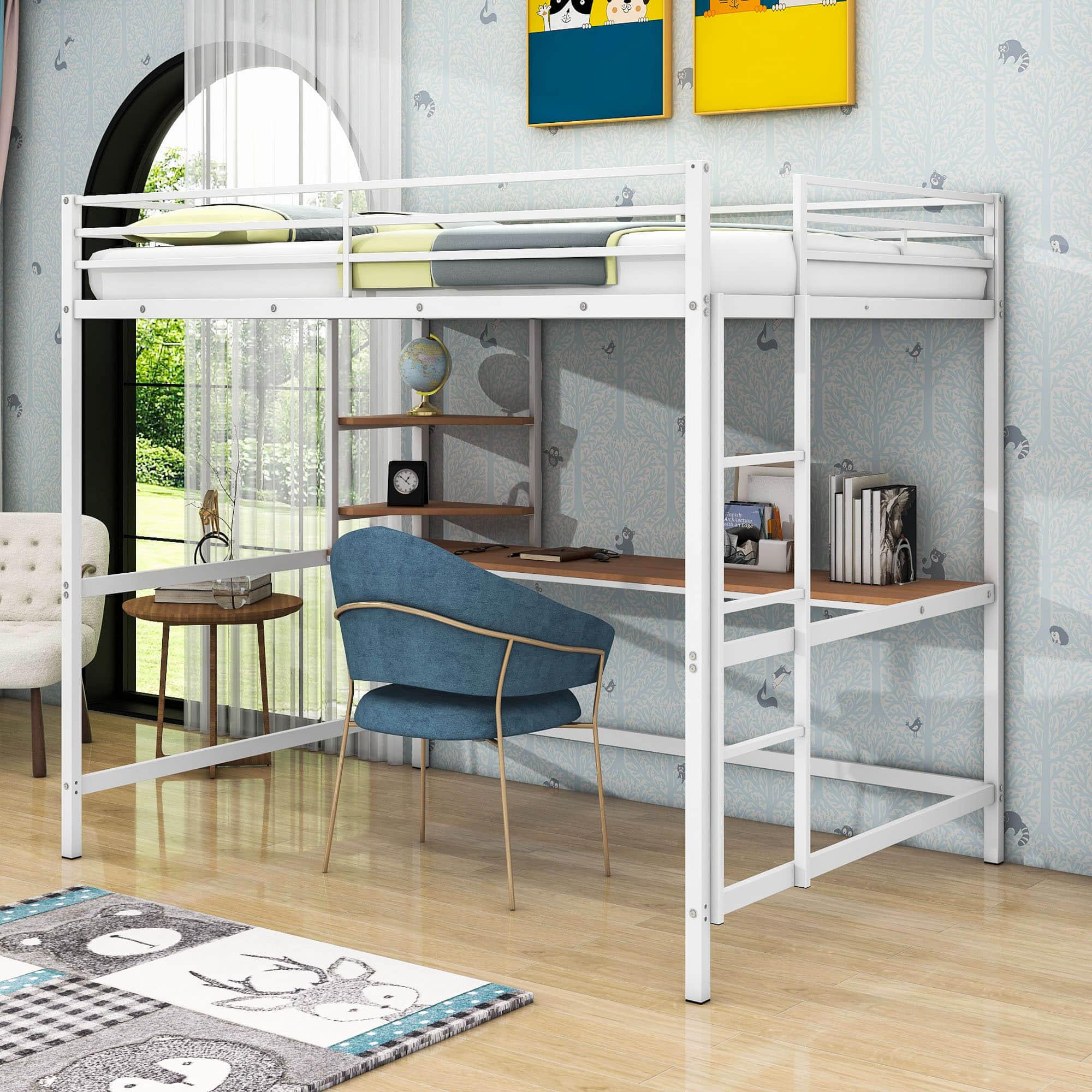 Full Size Metal Loft Bed with Desk and Shelves for Kids, Adults, Teens