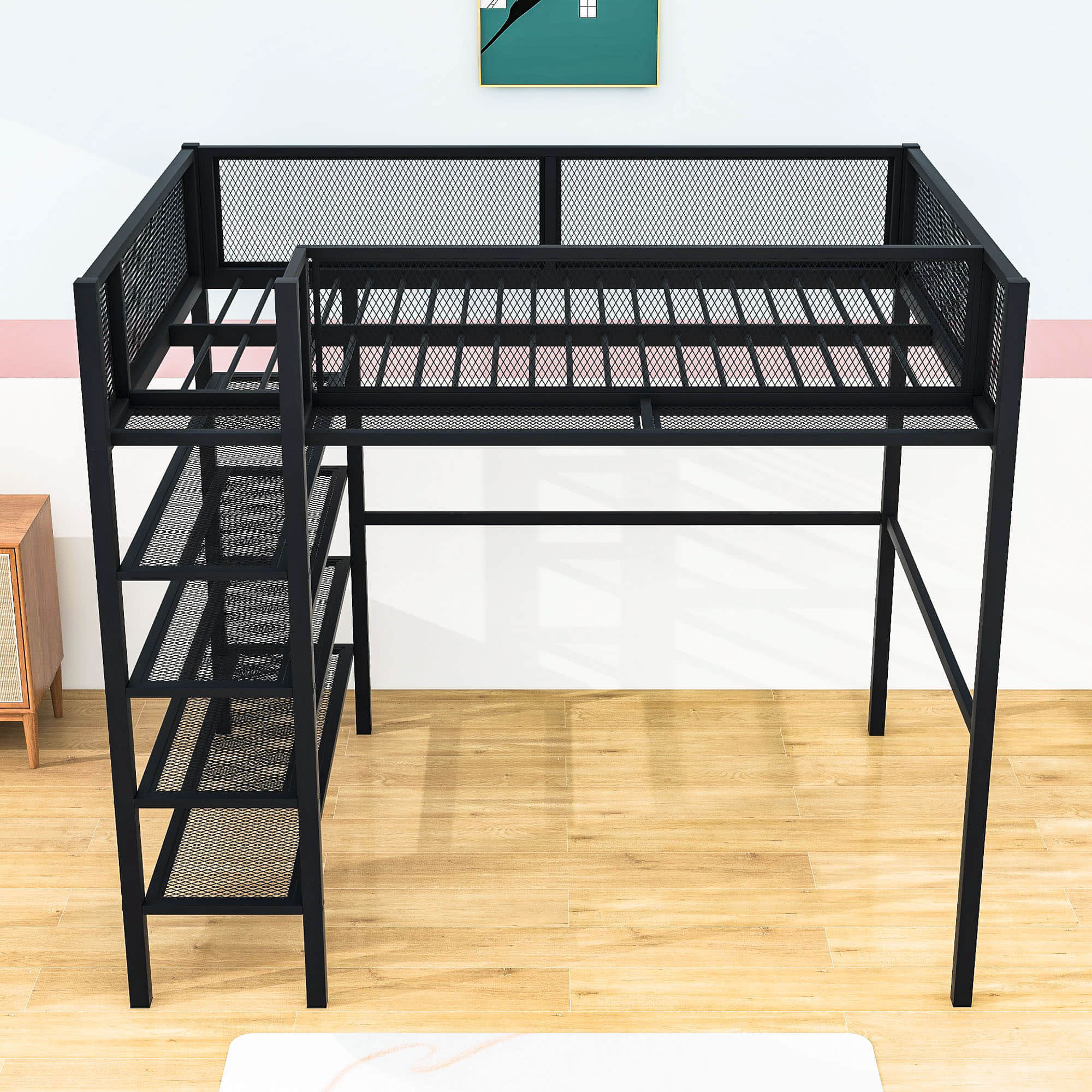 Sturdy Twin Metal Loft Bed Frame with Storage Shelves for Adults, Kids