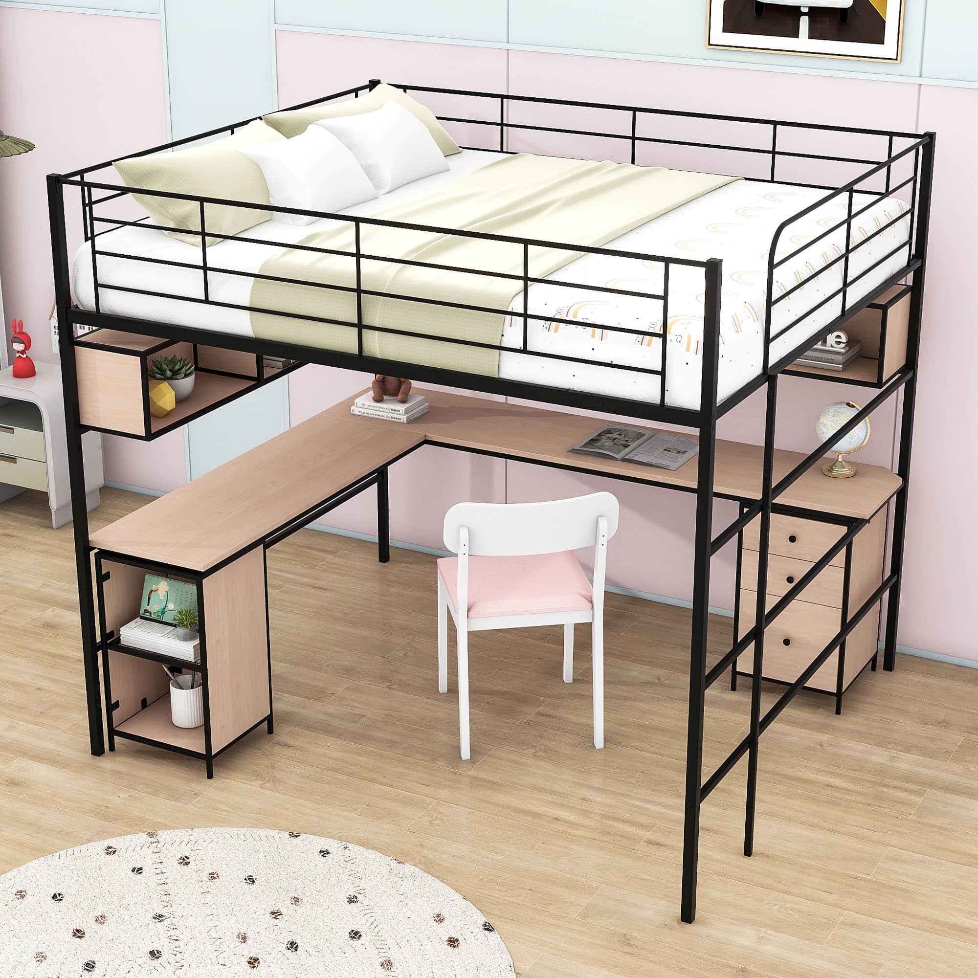 Metal Full Size Loft Bed with Desk and Storage for Adults, Teens