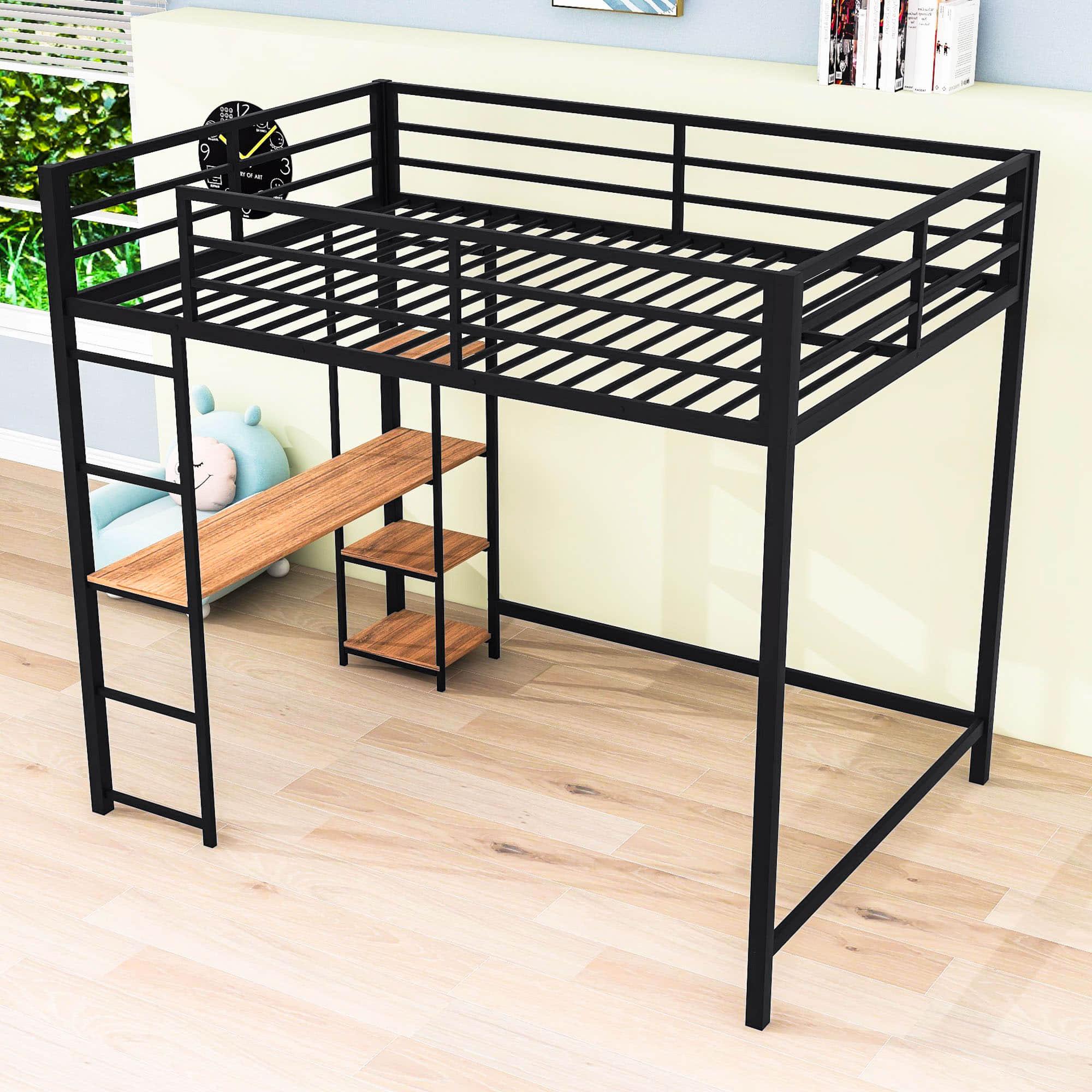 Full Size Metal Loft Bed with Desk and Storage Shelves for Kids, Adults