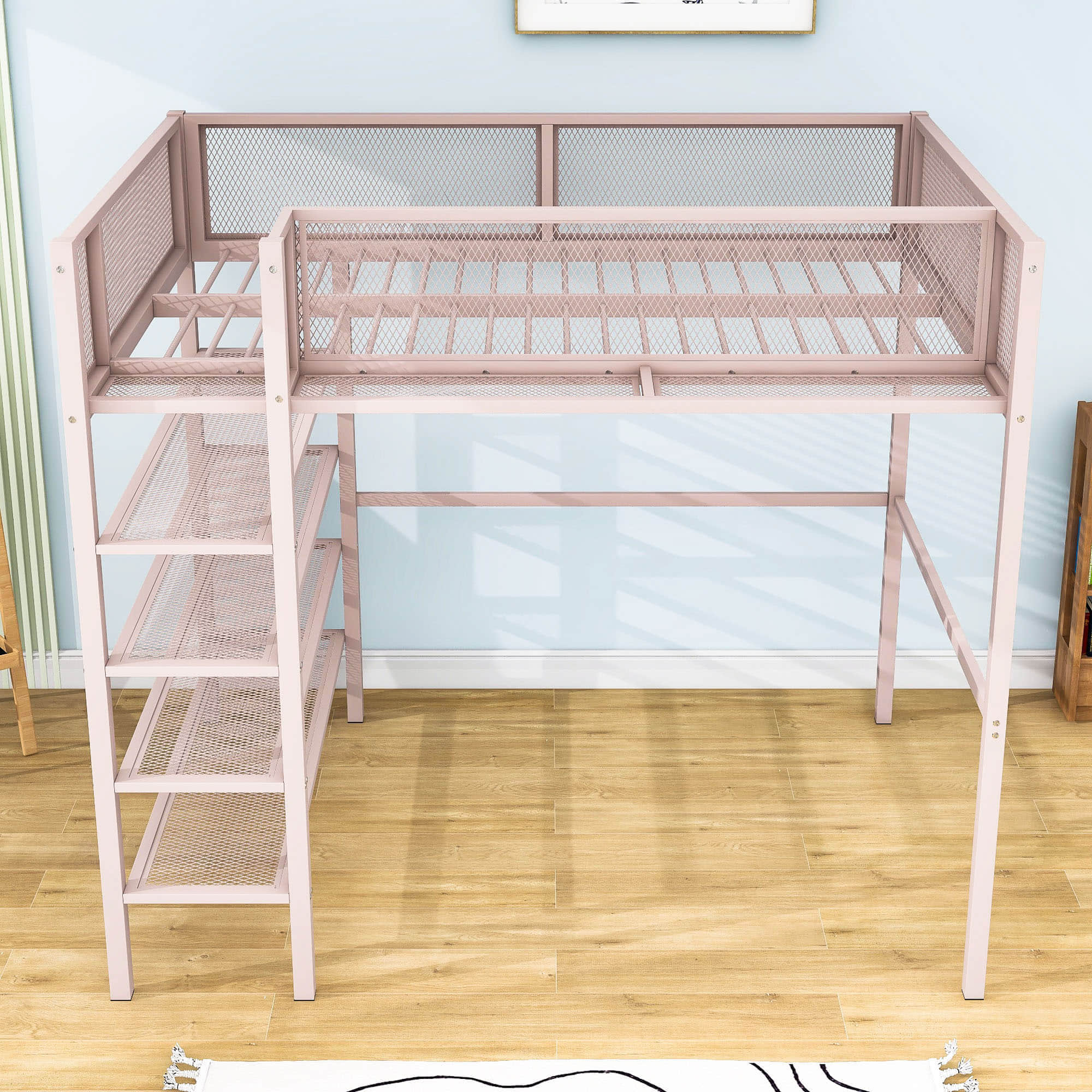 Sturdy Twin Metal Loft Bed Frame with Storage Shelves for Adults, Kids