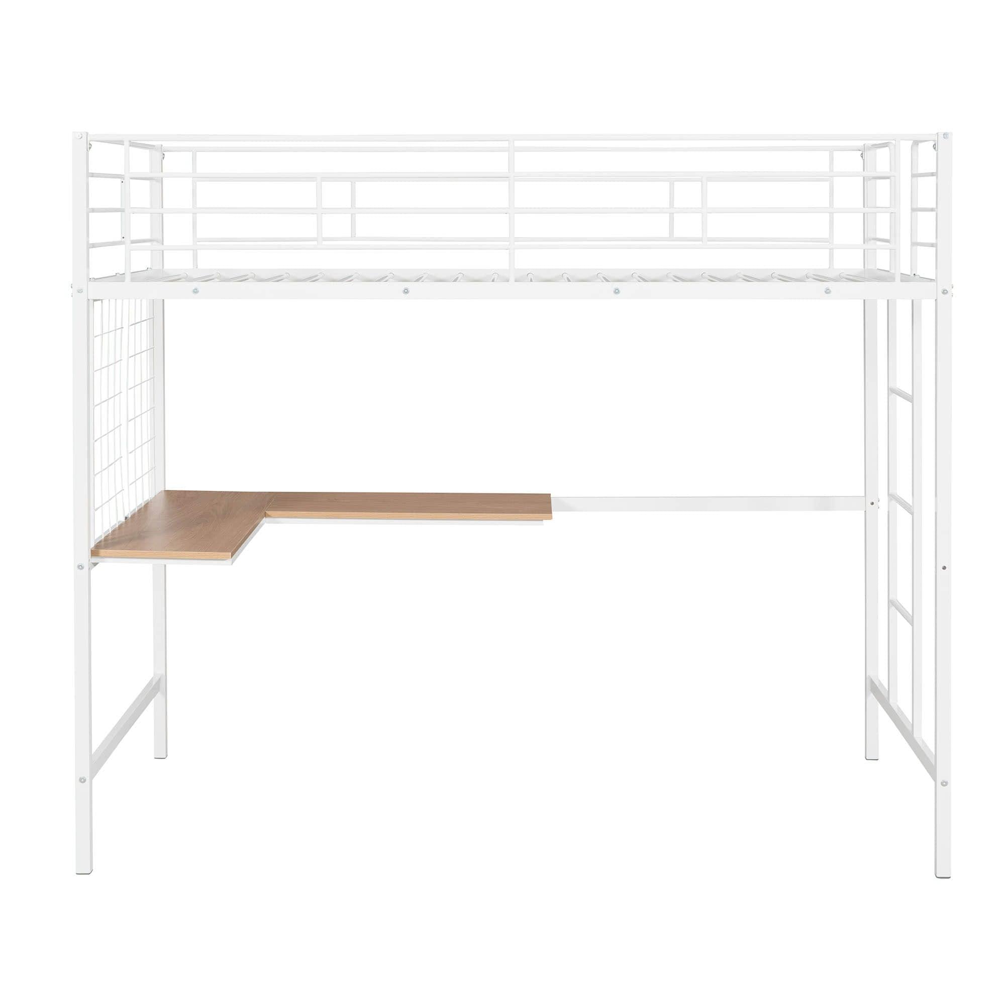 Twin Metal Loft Bed Frame with L-Shaped Desk and Grid