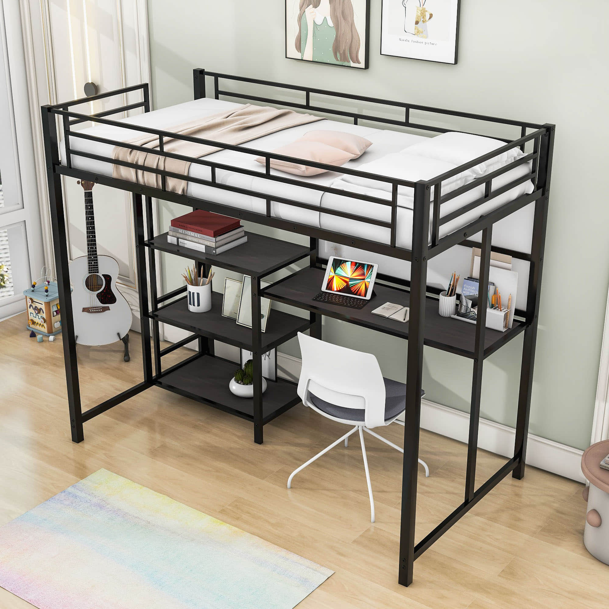 Metal Twin Loft Bed with Desk and Storage Shelves for Adults, Kids