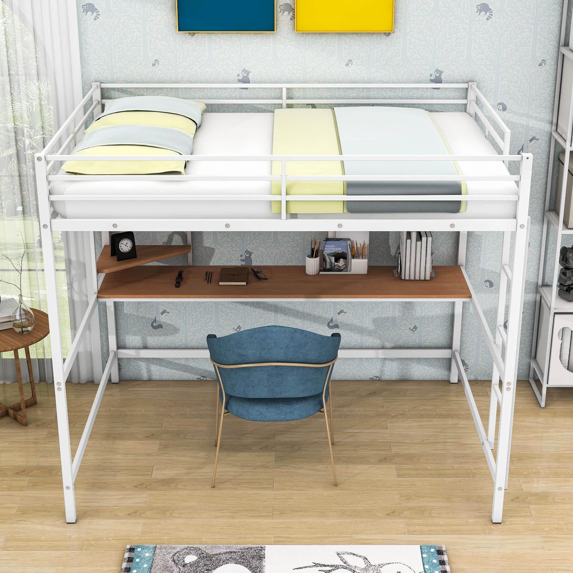 Full Size Metal Loft Bed with Desk and Shelves for Kids, Adults, Teens