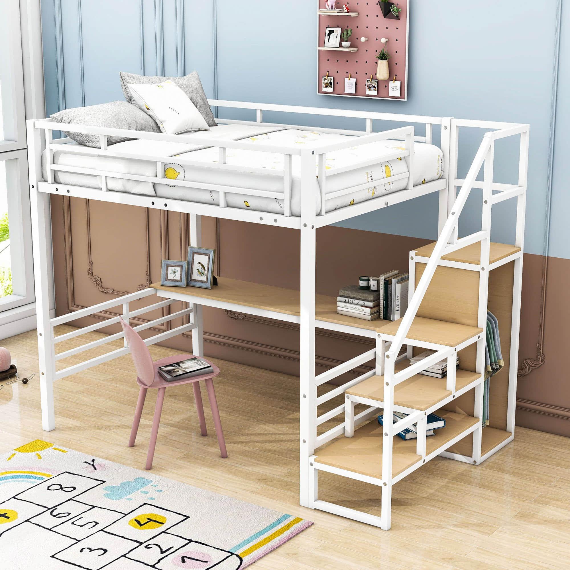 Full Size Loft Bed with Desk and Storage Stairs for Kids, Adult - [Wardrobe, Convertible]