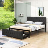 Metal Queen Size Upholstered Storage Bed with Headboard and Drawers