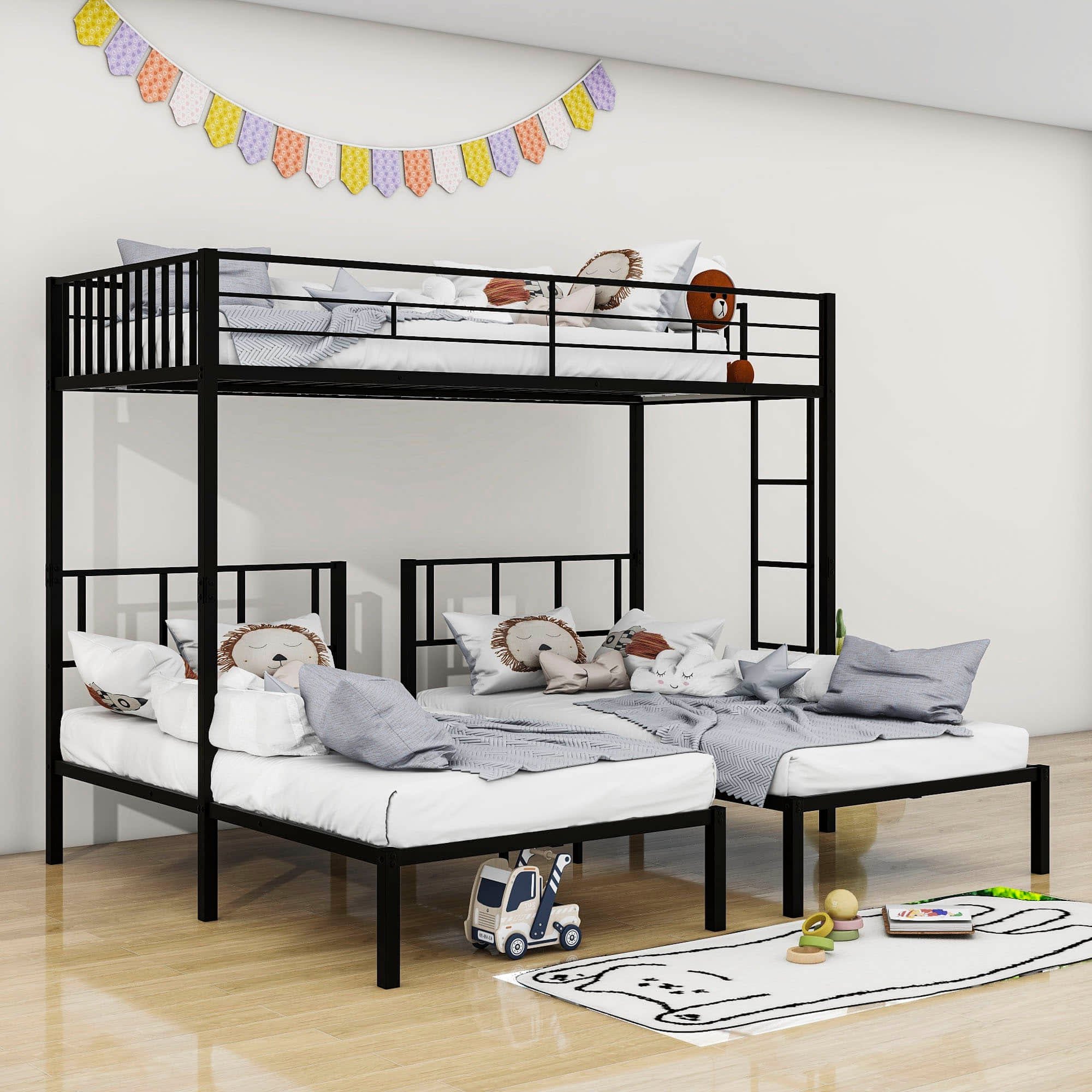 Metal Triple Twin over Twin & Twin Bunk Bed with Table - [Separable]