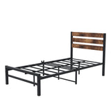 Rustic Twin Size Metal Bed Frame with Vintage Wood Headboard