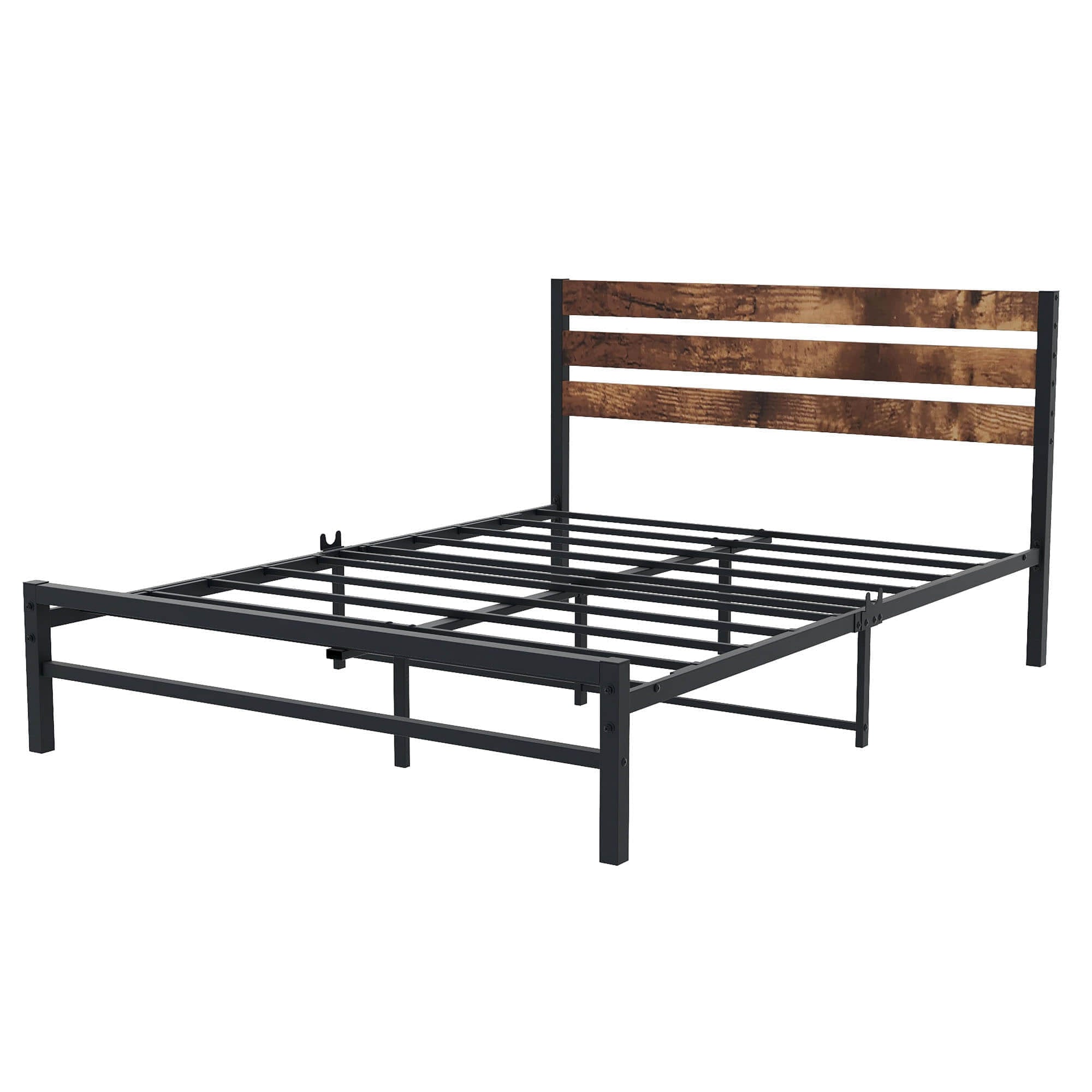 Rustic Queen Size Metal Bed Frame with Vintage Wood Headboard