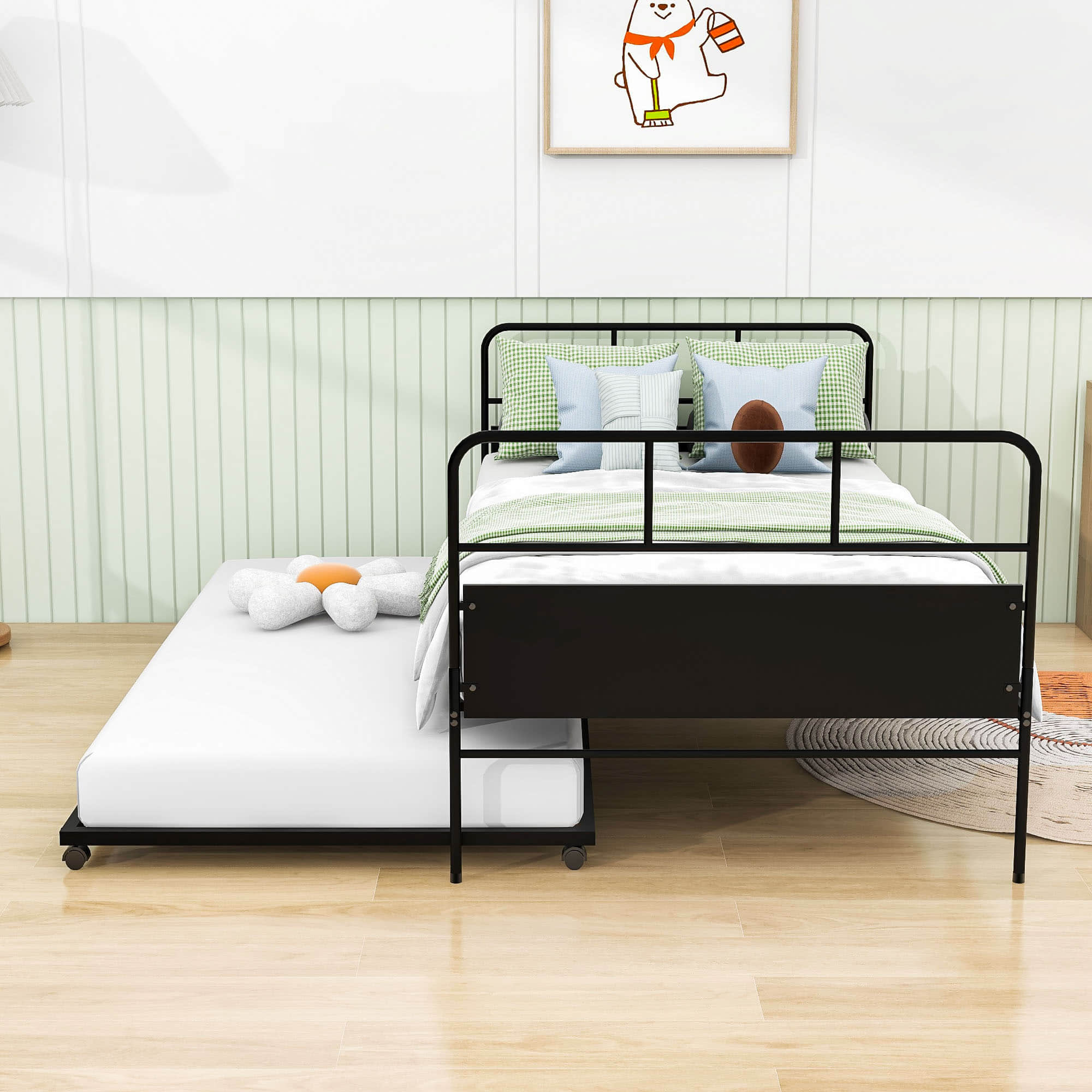 Twin Size Metal Day Bed Frame with Twin Trundle - [Backless]