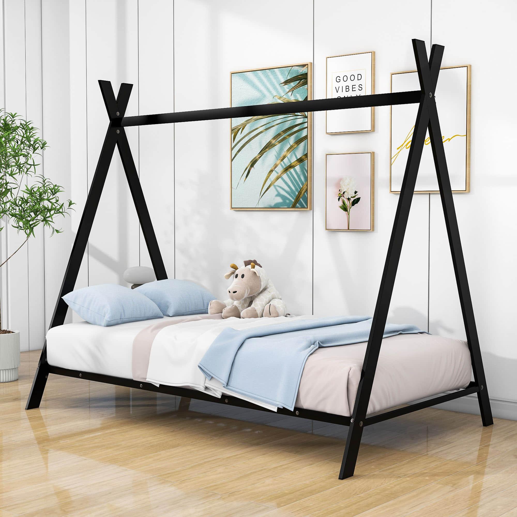 Twin Size Low Profile Metal Tent Montessori Bed Frame with Slats