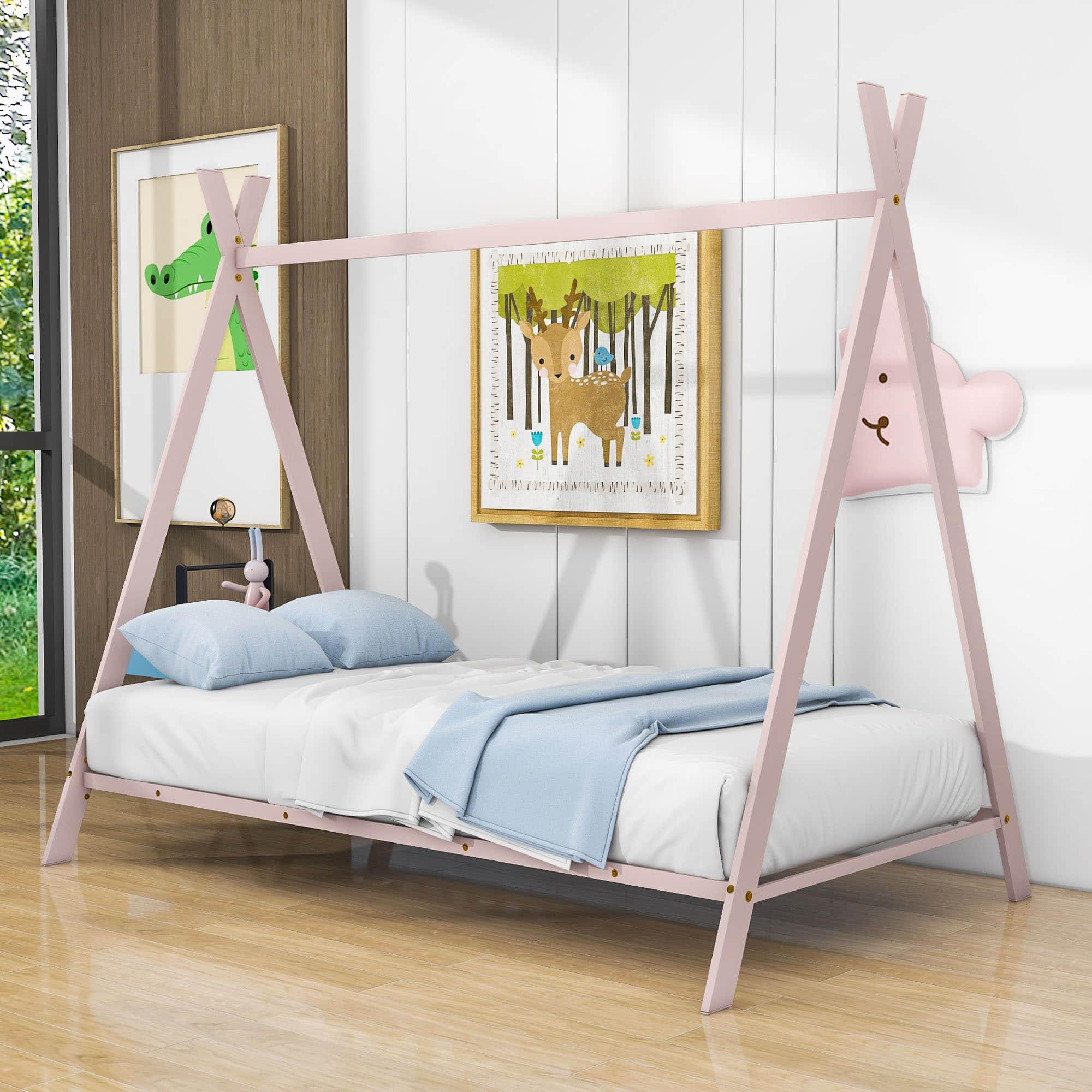 Twin Size Low Profile Metal Tent Montessori Bed Frame with Slats