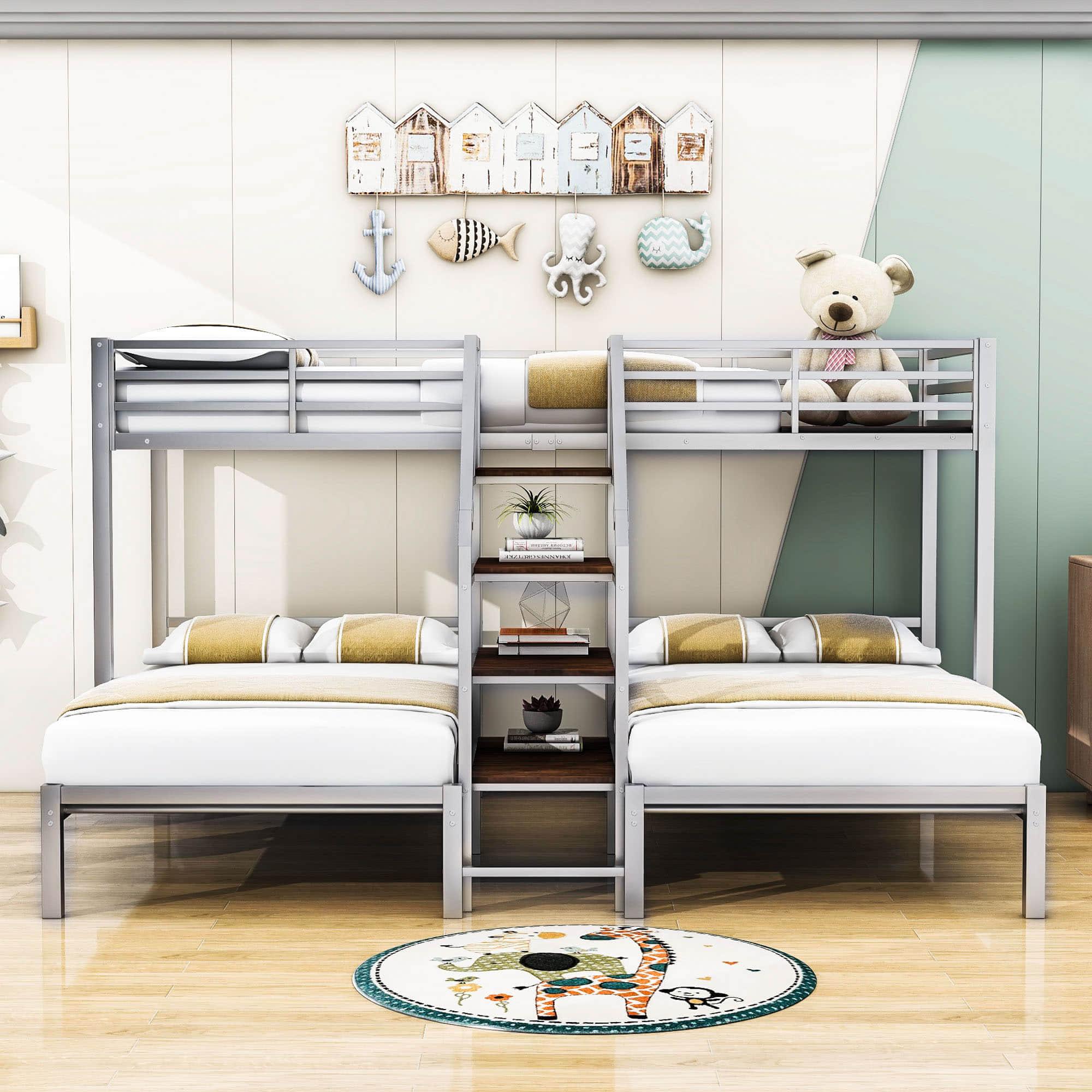 Twin Over Twin & Twin Triple Bunk Beds with Stairs and Storage - [Metal, Shelves]