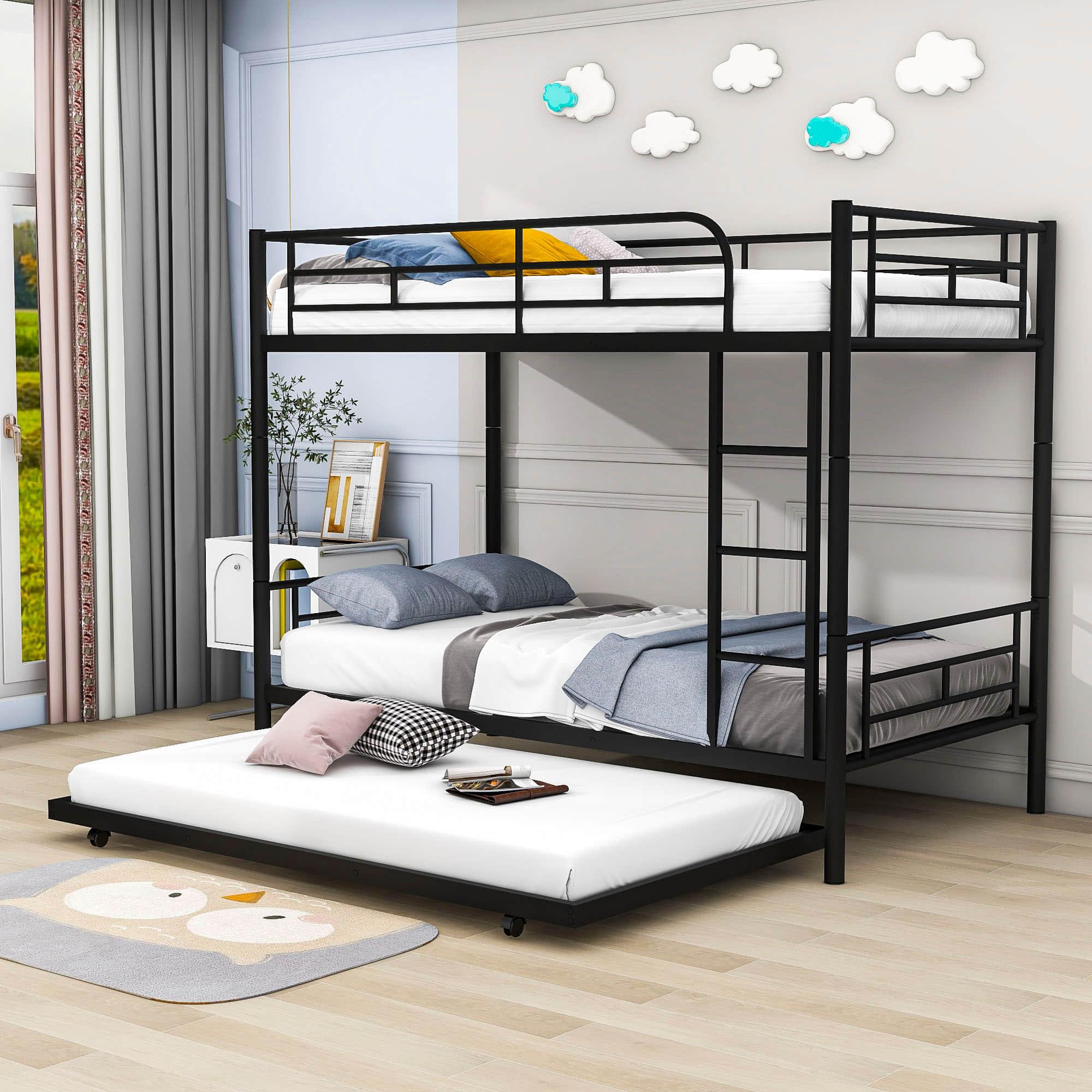 Twin Over Twin Classic Metal Bunk Bed with Trundle - [Detachable, Ladder]