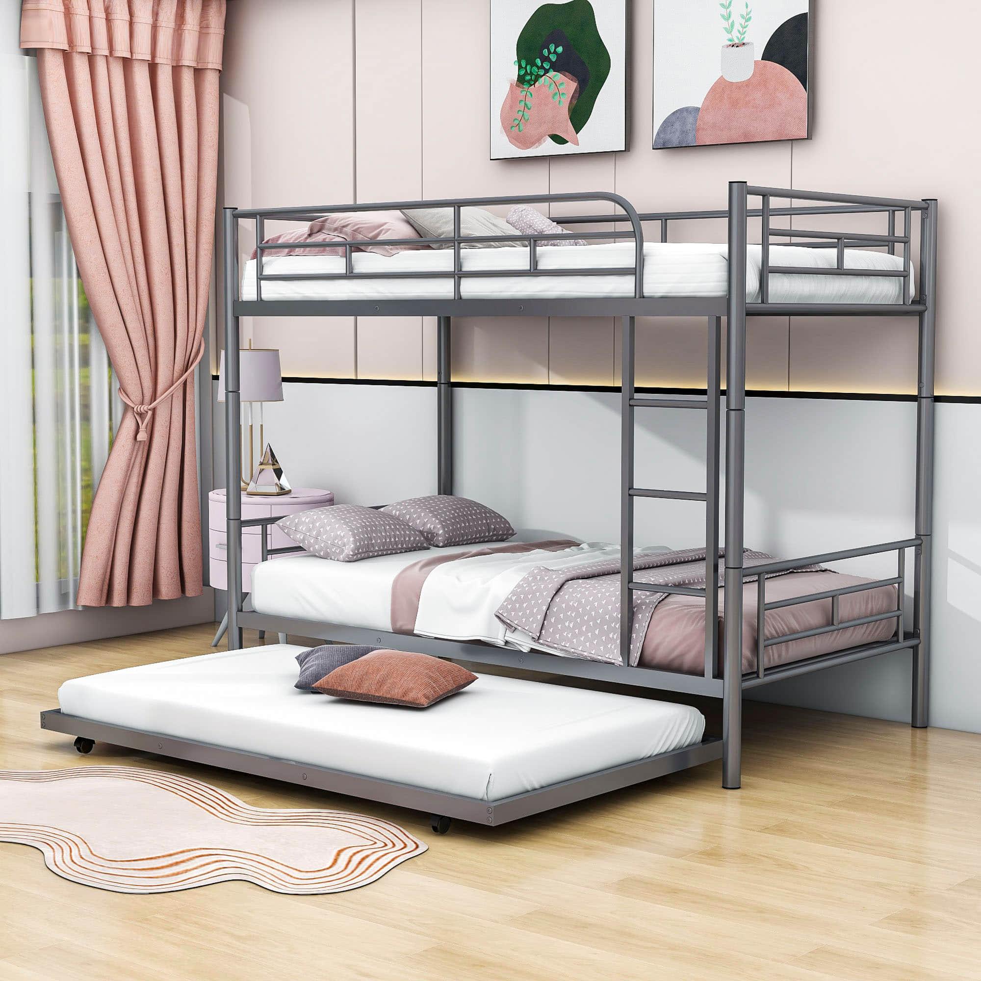 Twin Over Twin Classic Metal Bunk Bed with Trundle - [Detachable, Ladder]