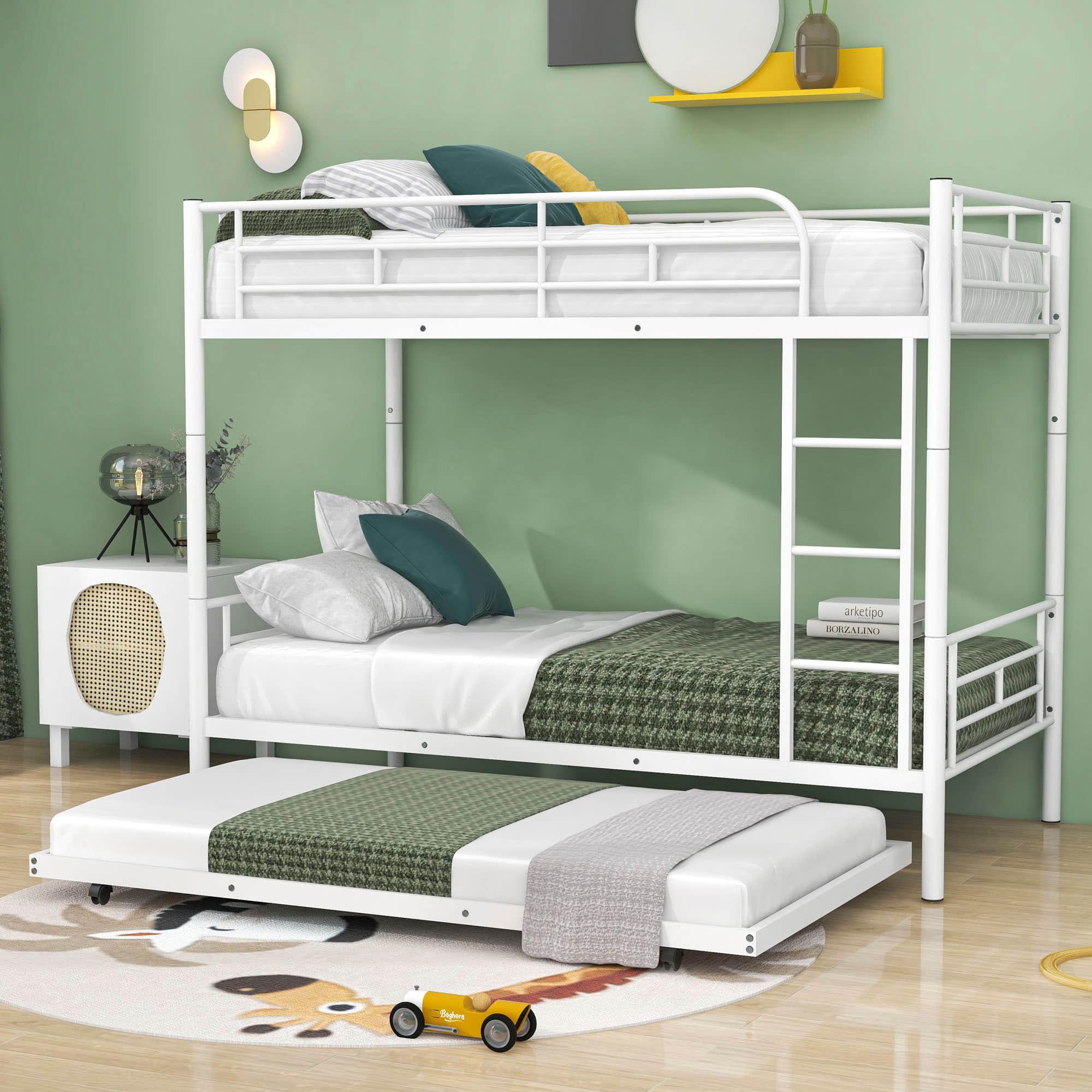 Twin Over Twin Classic Metal Bunk Bed with Trundle - [Detachable, Ladder]