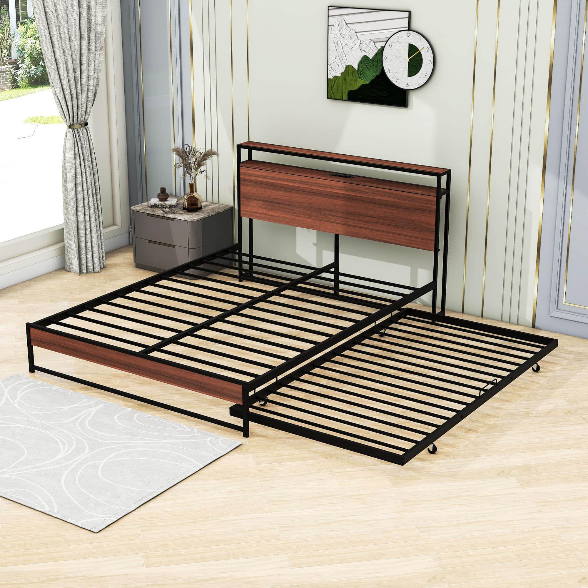 Metal Queen Size Smart Platform Bed with Twin Trundle Bed and Shelf Headboard