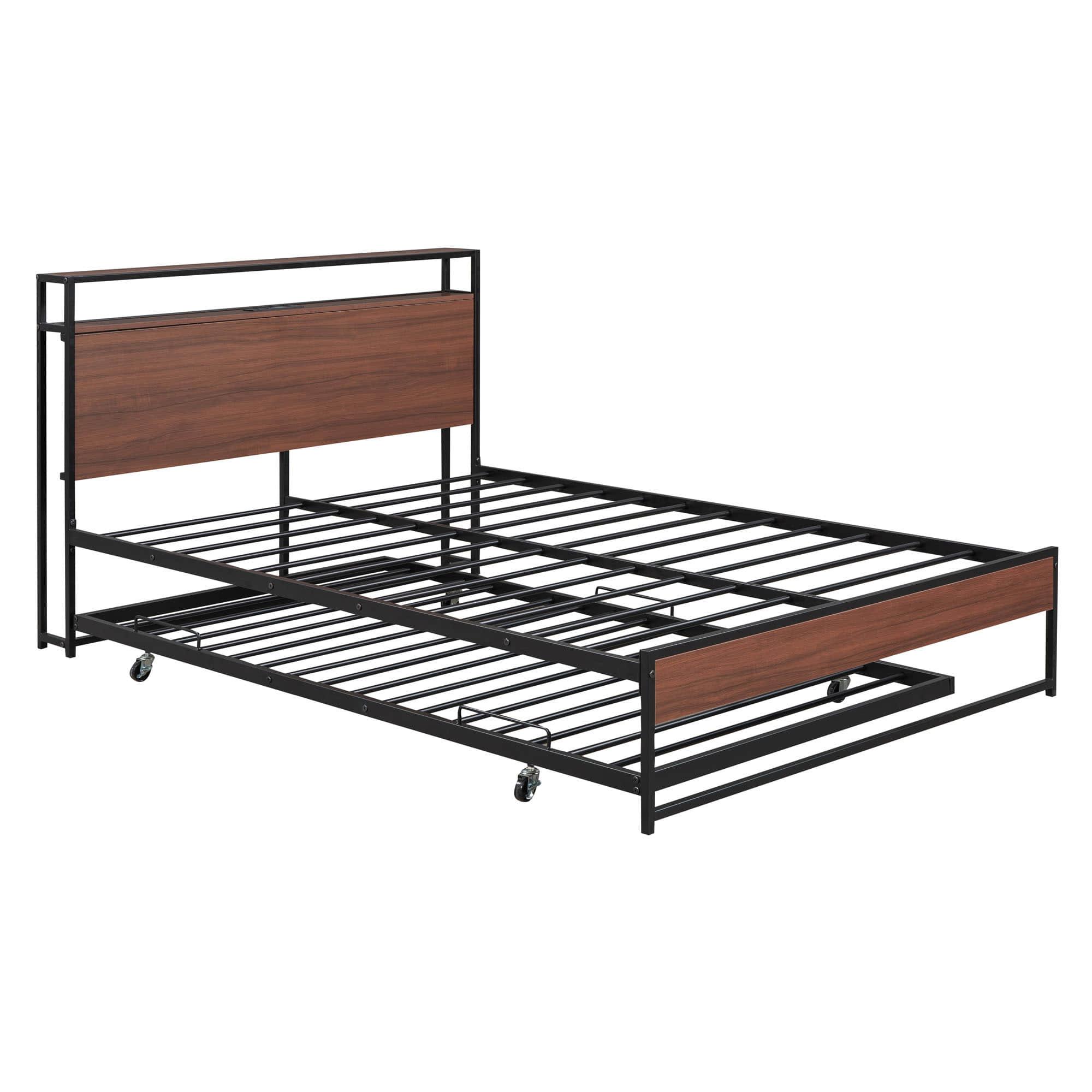 Full Size Smart Platform Bed with Twin Trundle Bed and Shelf Headboard