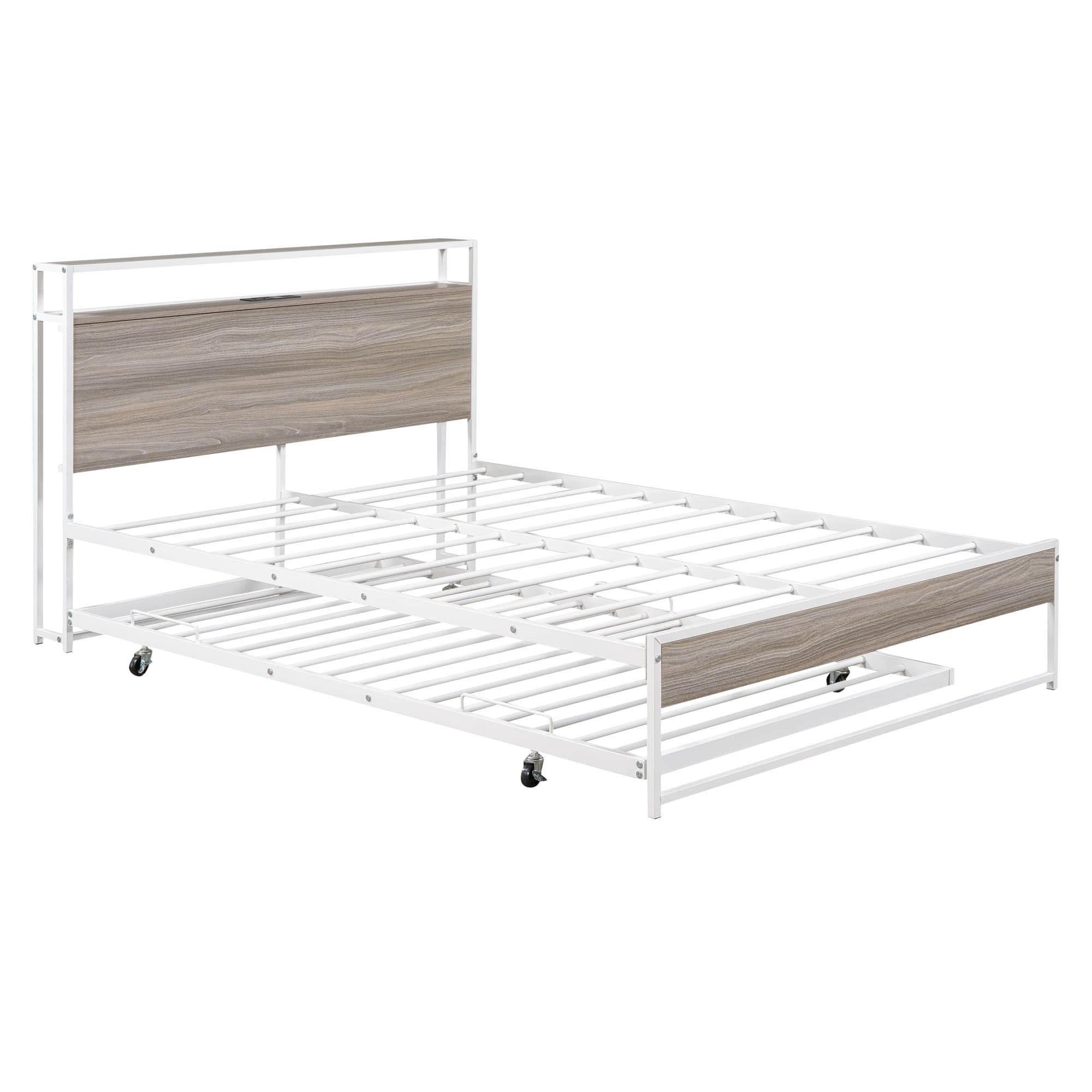 Full Size Smart Platform Bed with Twin Trundle Bed and Shelf Headboard