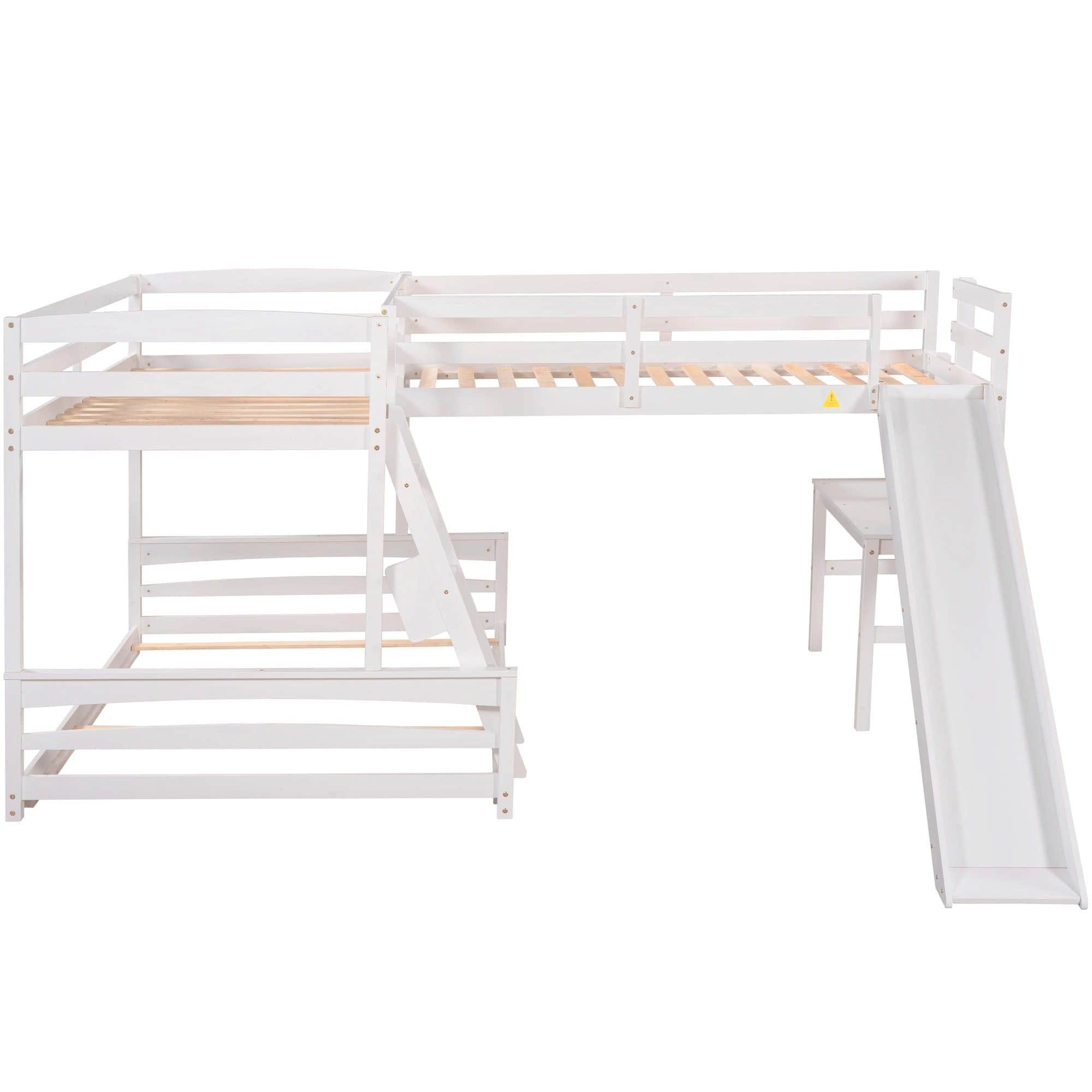 Wood Twin Over Full L-Shaped Low Bunk Bed with Twin Loft Bed with Desk and Slide