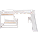 Wood Twin Over Full L-Shaped Low Bunk Bed with Twin Loft Bed with Desk and Slide